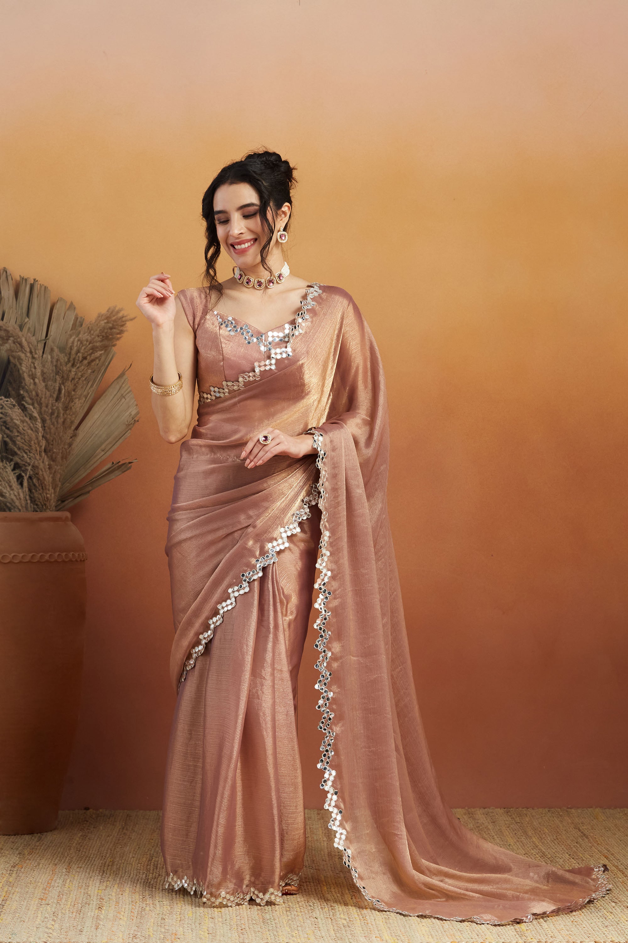 Soft Peach Satin Ready-to-Wear Saree | Designer Embroidery Work Border Couture