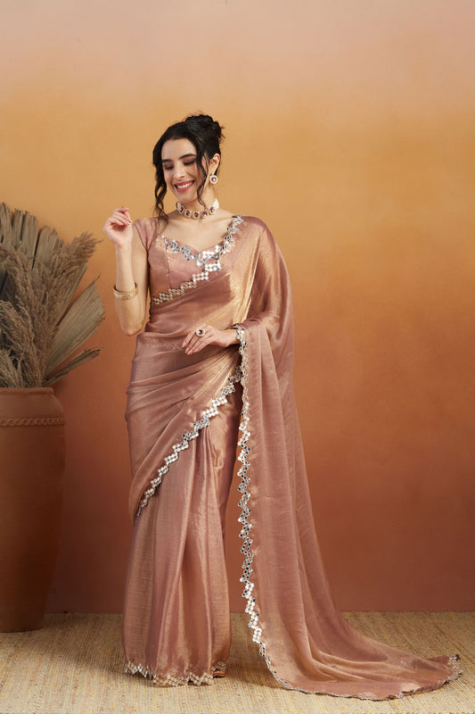 Soft Peach Satin Ready-to-Wear Saree | Designer Embroidery Work Border Couture