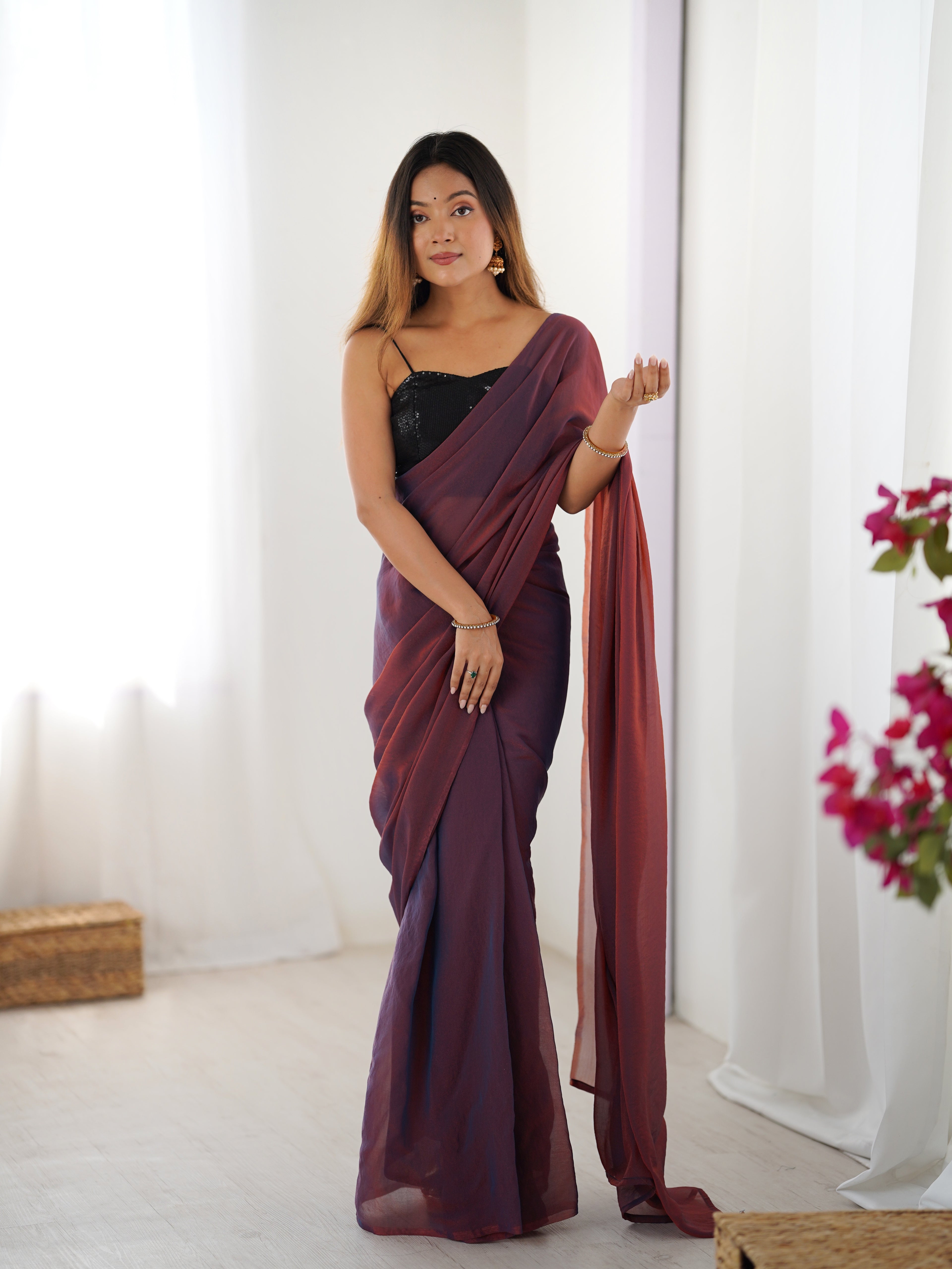 Autumn Brown Glassy Two Tone Party Wear Saree | Sequin Embroidered Georgette Blouse