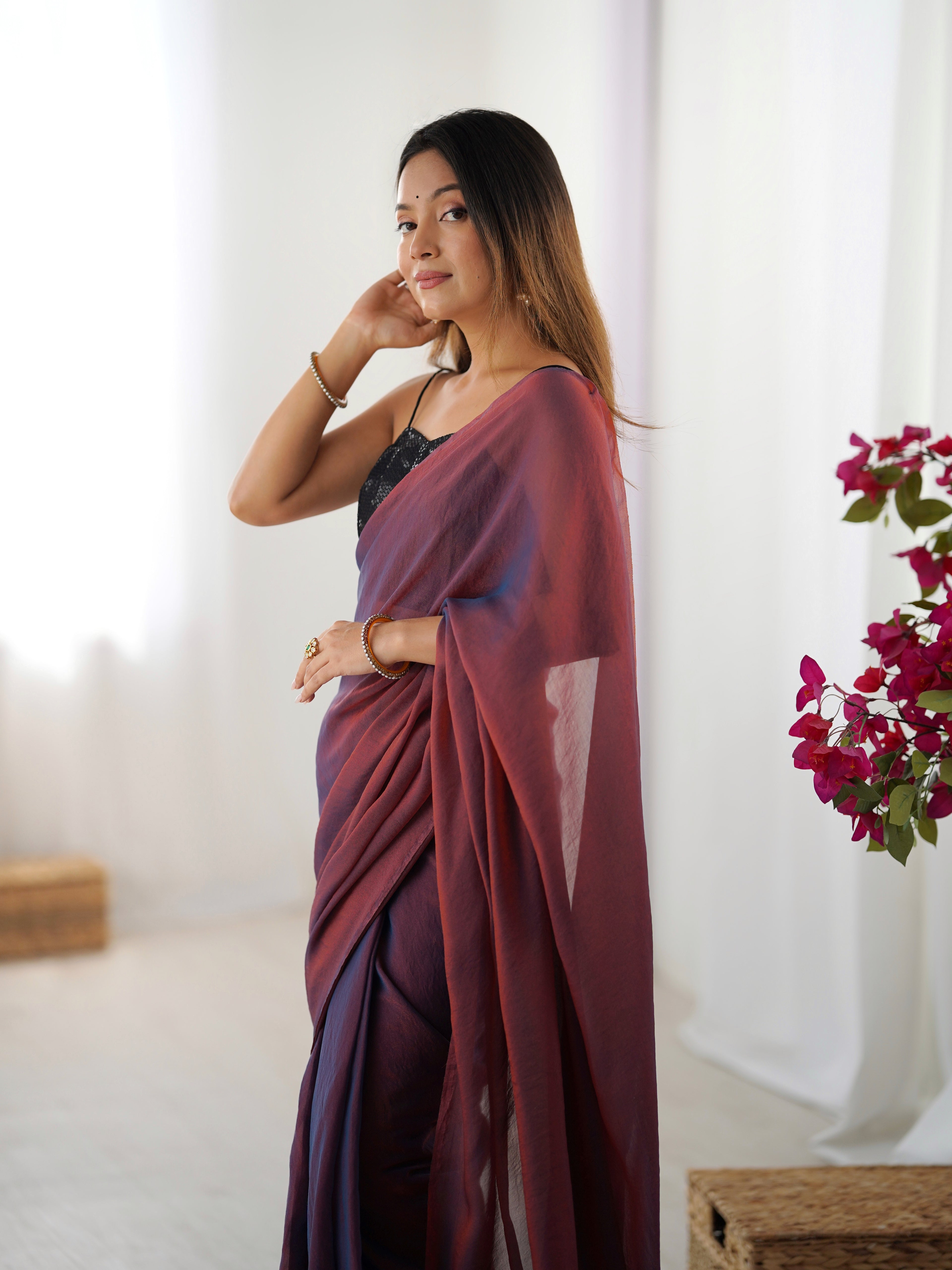 Autumn Brown Glassy Two Tone Party Wear Saree | Sequin Embroidered Georgette Blouse