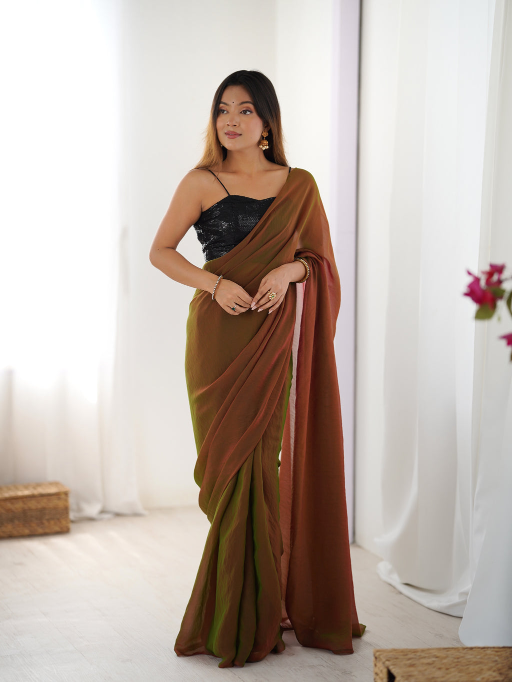 Emerald Charm Glassy Two Tone Party Wear Saree | Sequin Embroidered Georgette Blouse