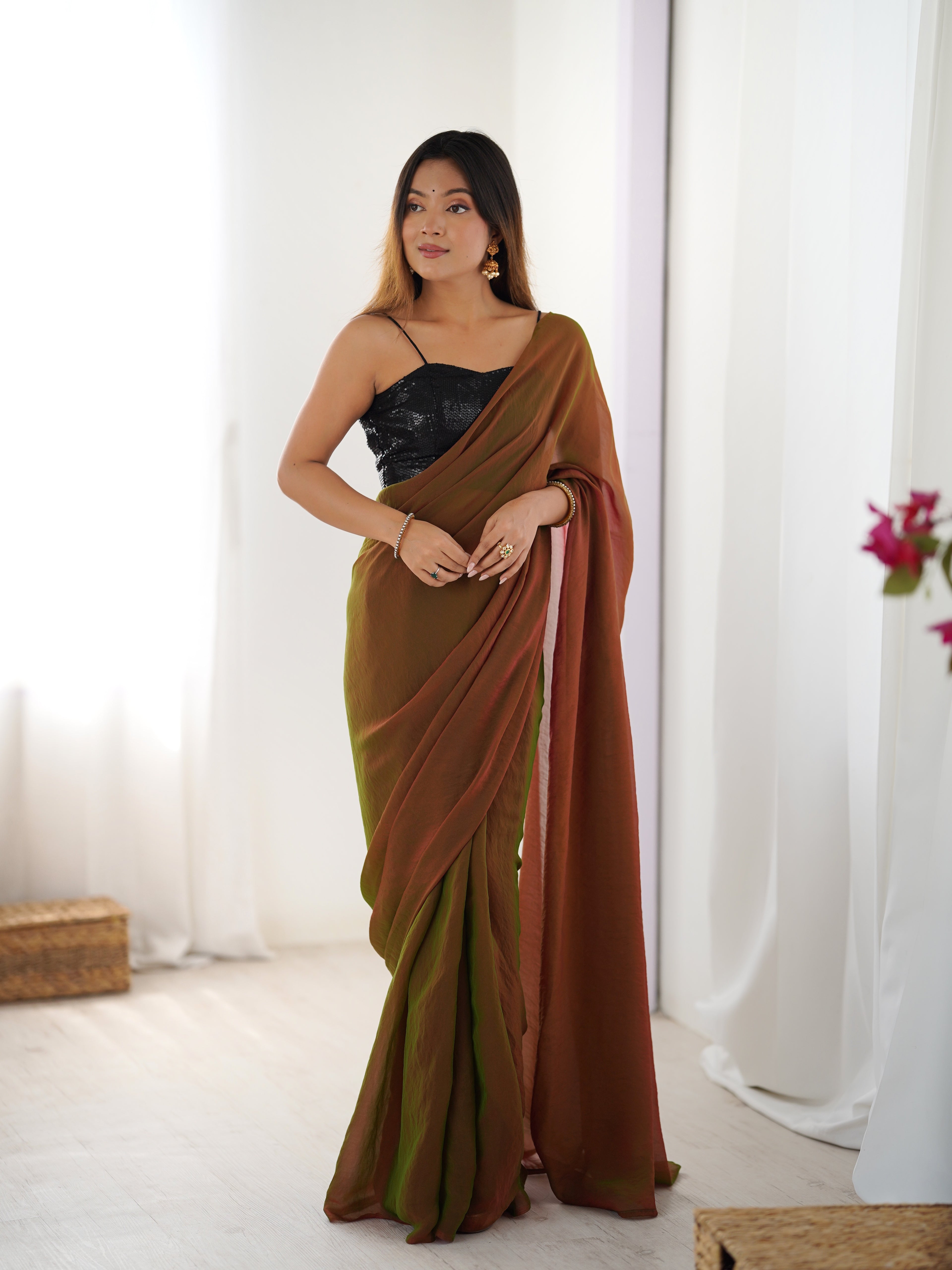 Emerald Charm Glassy Two Tone Party Wear Saree | Sequin Embroidered Georgette Blouse