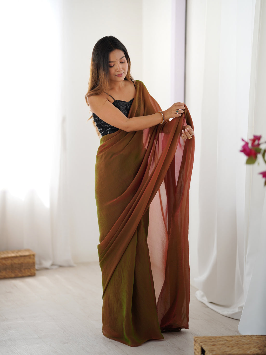 Emerald Charm Glassy Two Tone Party Wear Saree | Sequin Embroidered Georgette Blouse