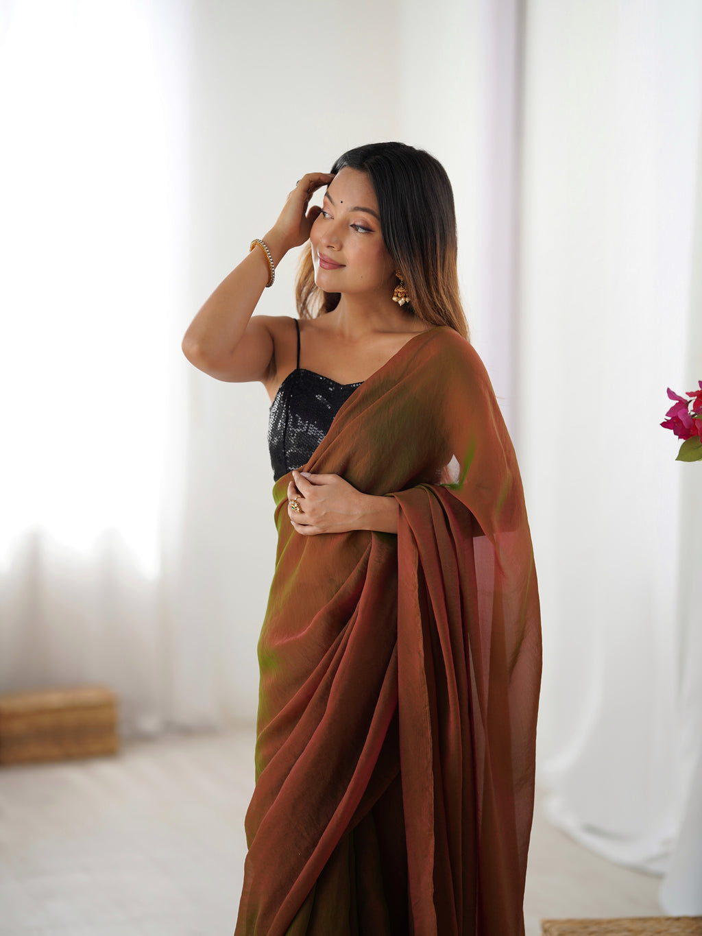 Emerald Charm Glassy Two Tone Party Wear Saree | Sequin Embroidered Georgette Blouse