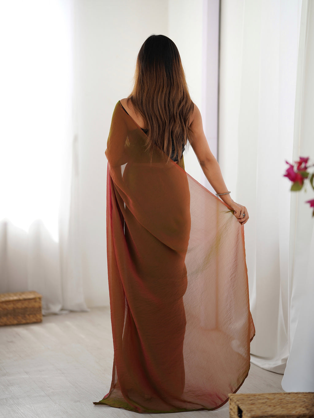 Emerald Charm Glassy Two Tone Party Wear Saree | Sequin Embroidered Georgette Blouse