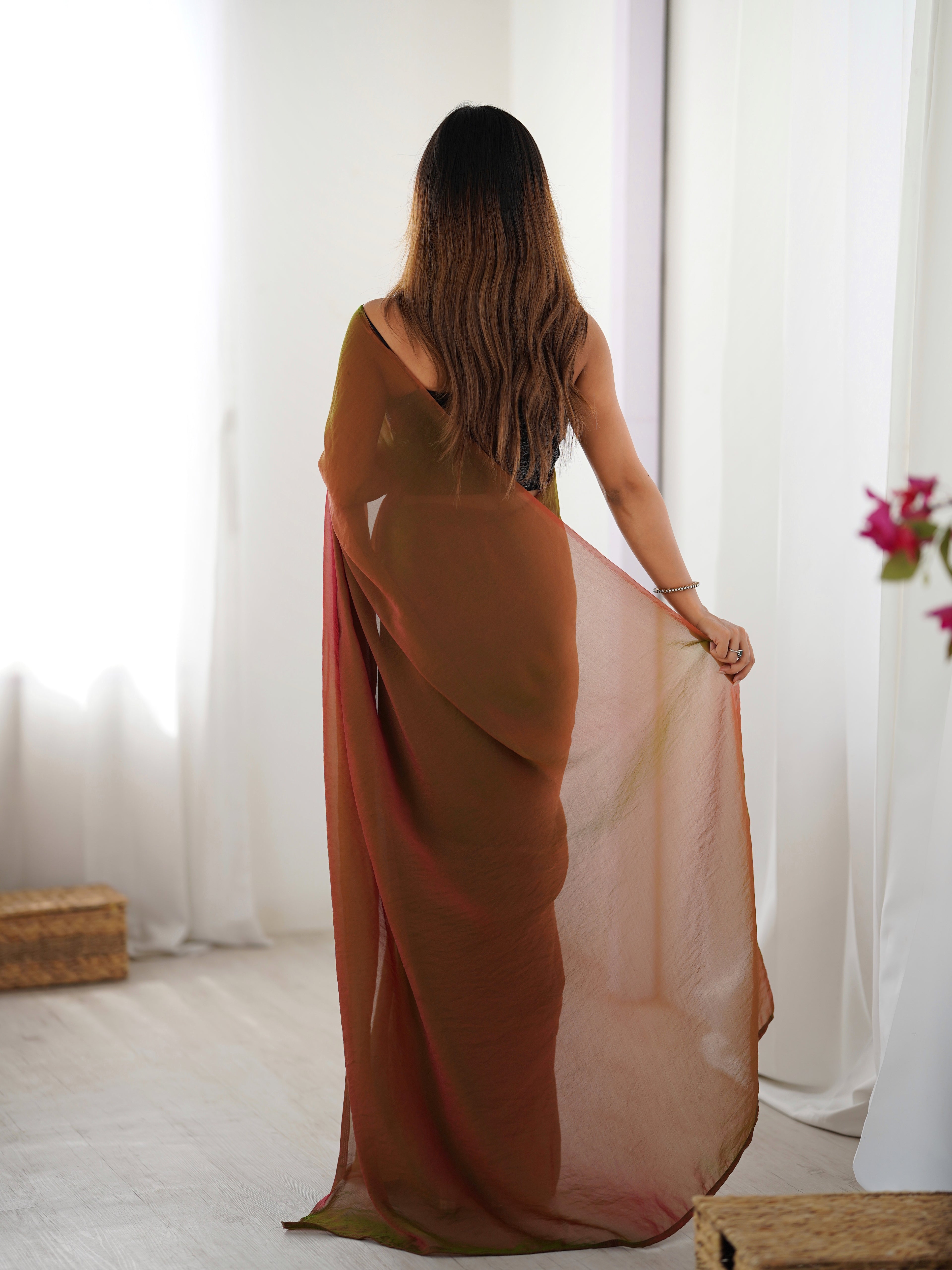 Emerald Charm Glassy Two Tone Party Wear Saree | Sequin Embroidered Georgette Blouse