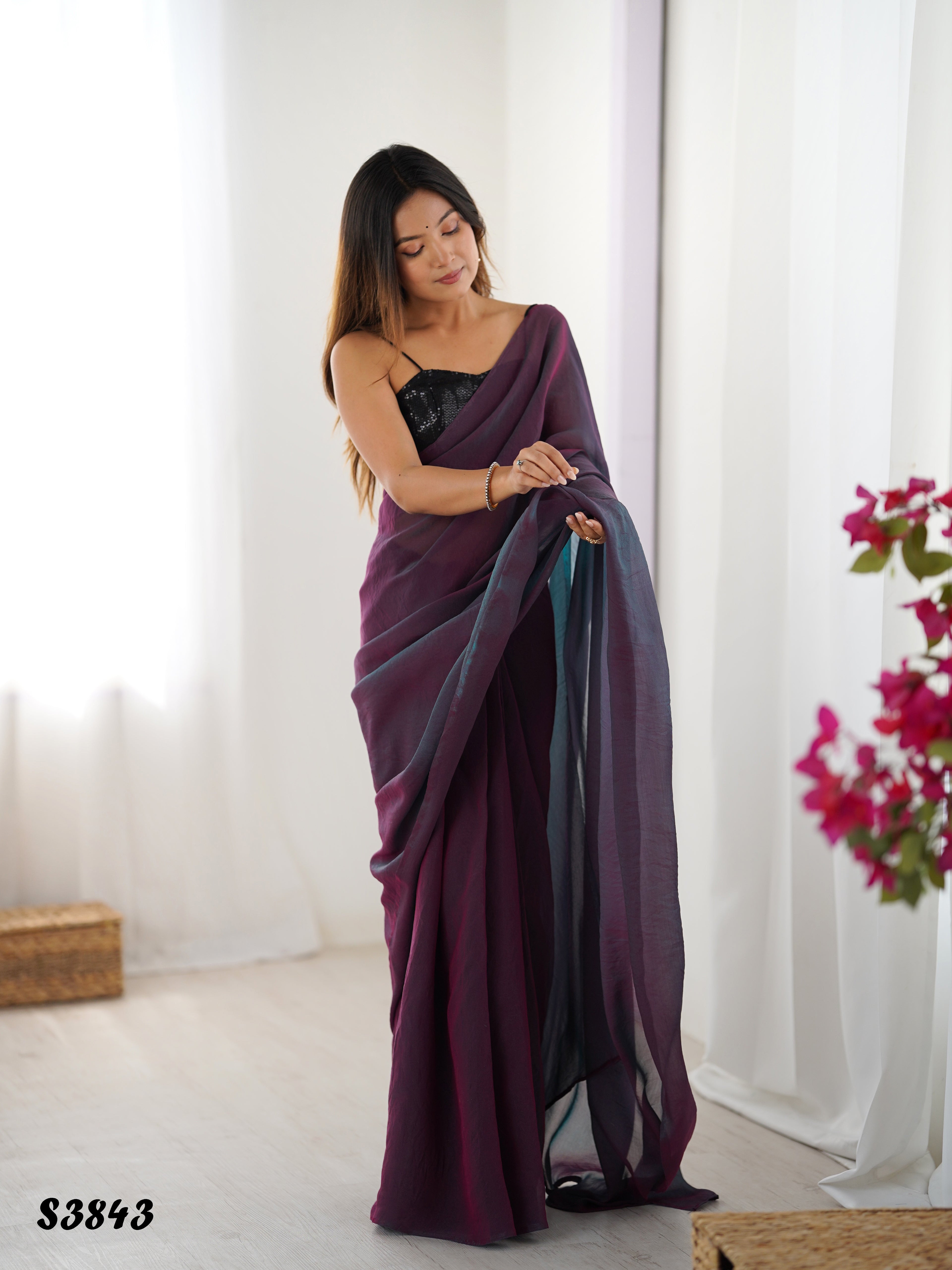 Royal Purple Glassy Two Tone Party Wear Saree | Sequin Embroidered Georgette Blouse