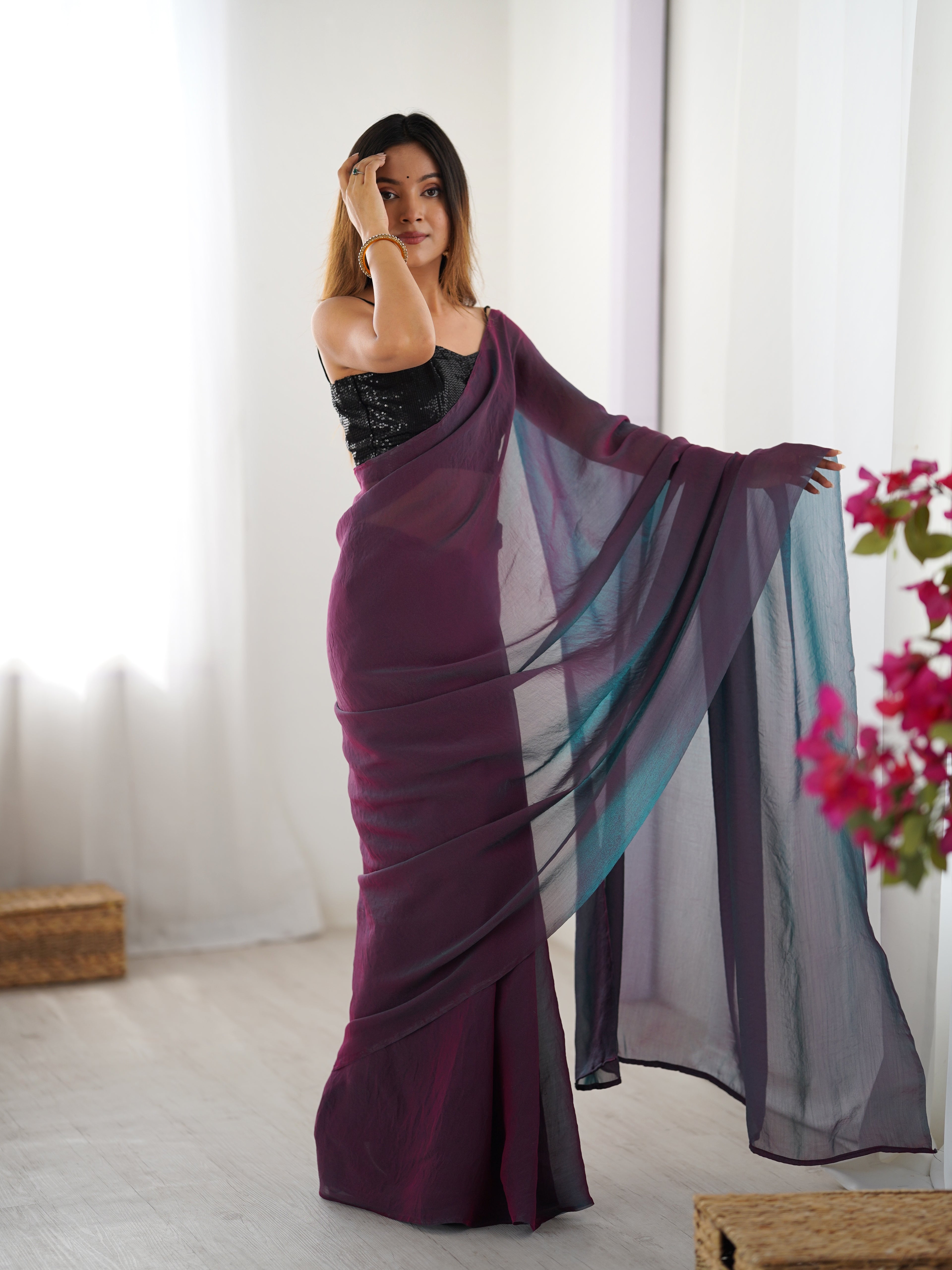 Royal Purple Glassy Two Tone Party Wear Saree | Sequin Embroidered Georgette Blouse