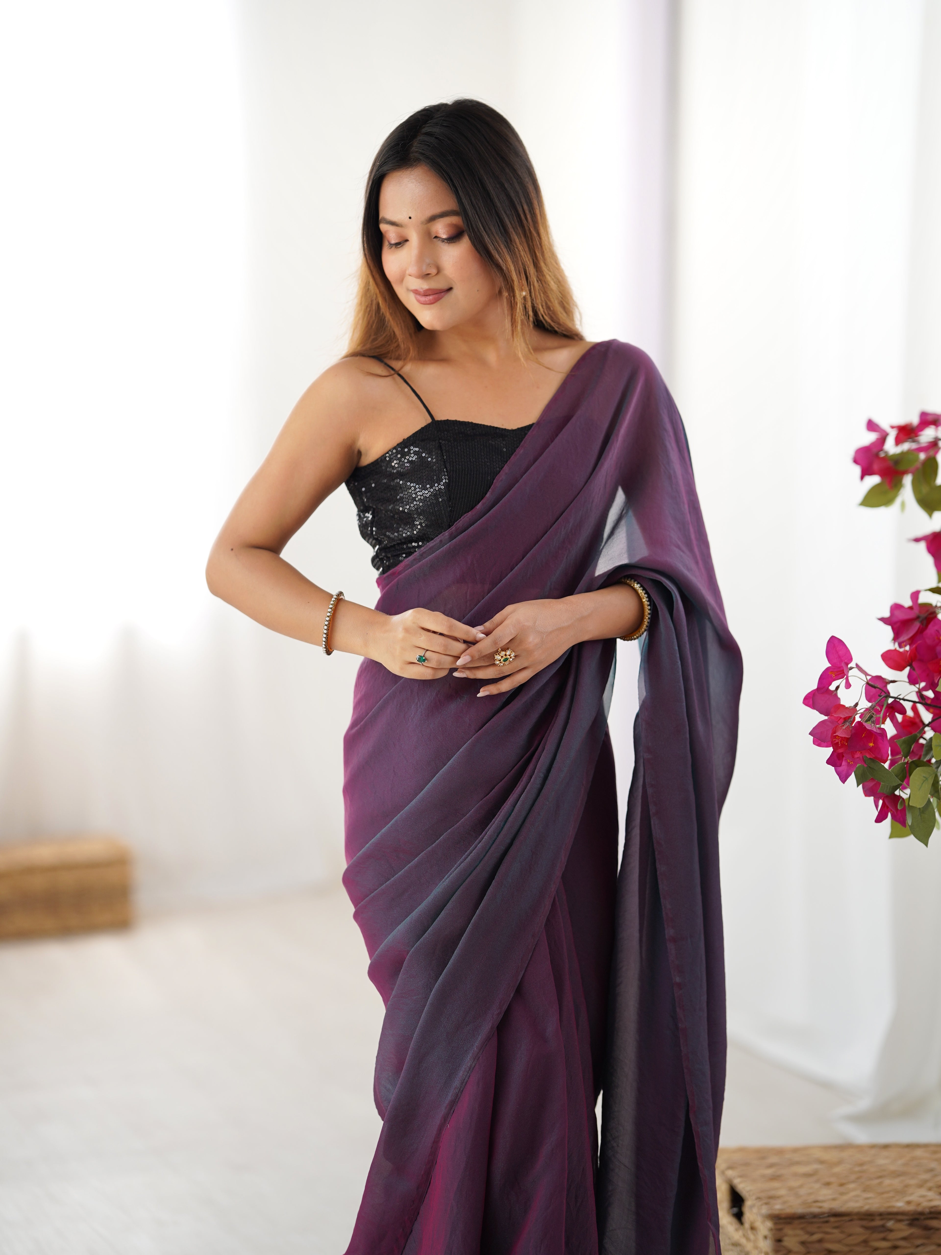 Royal Purple Glassy Two Tone Party Wear Saree | Sequin Embroidered Georgette Blouse