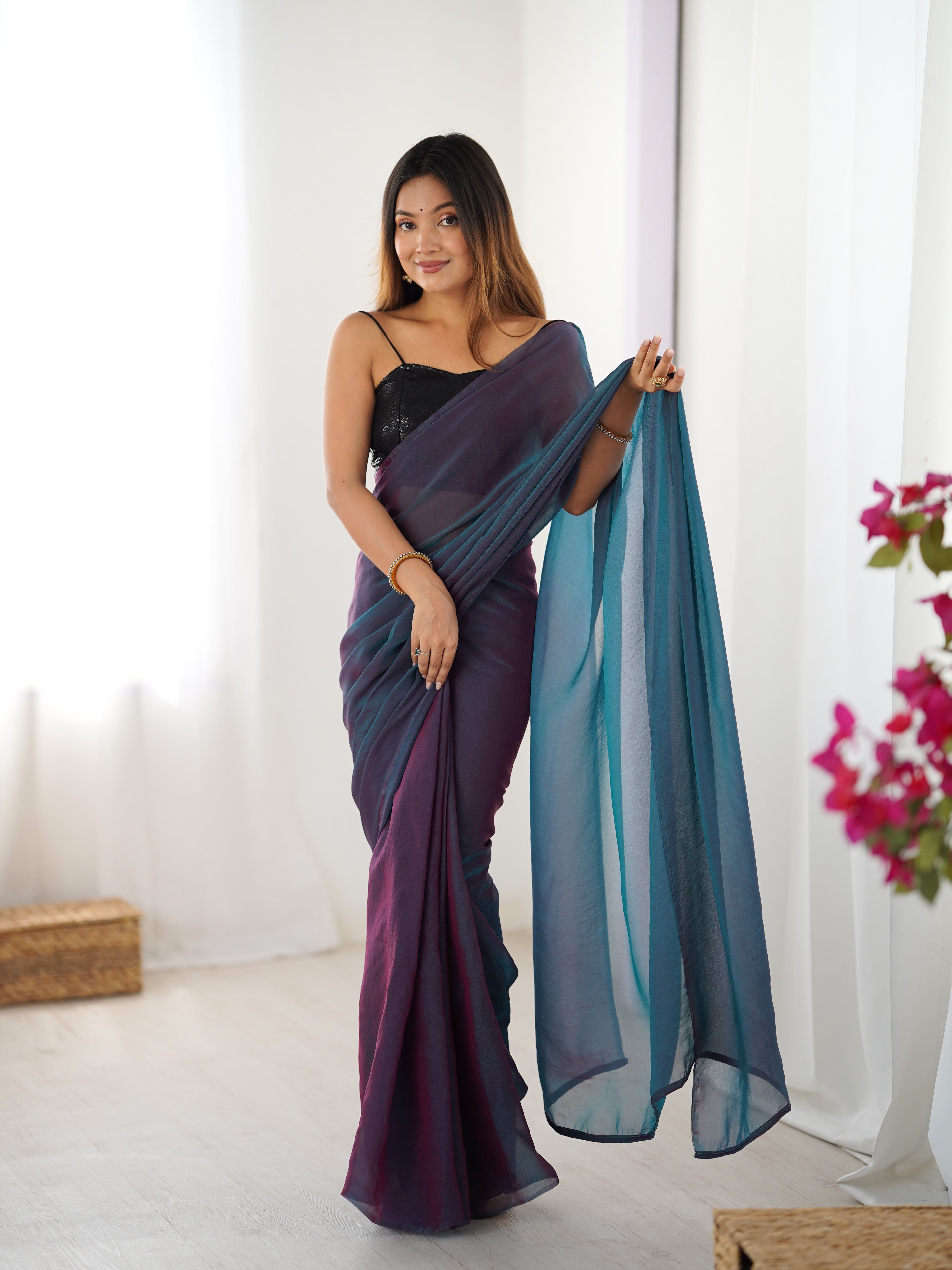 Rama Radiance Glassy Two Tone Party Wear Saree | Sequin Embroidered Georgette Blouse