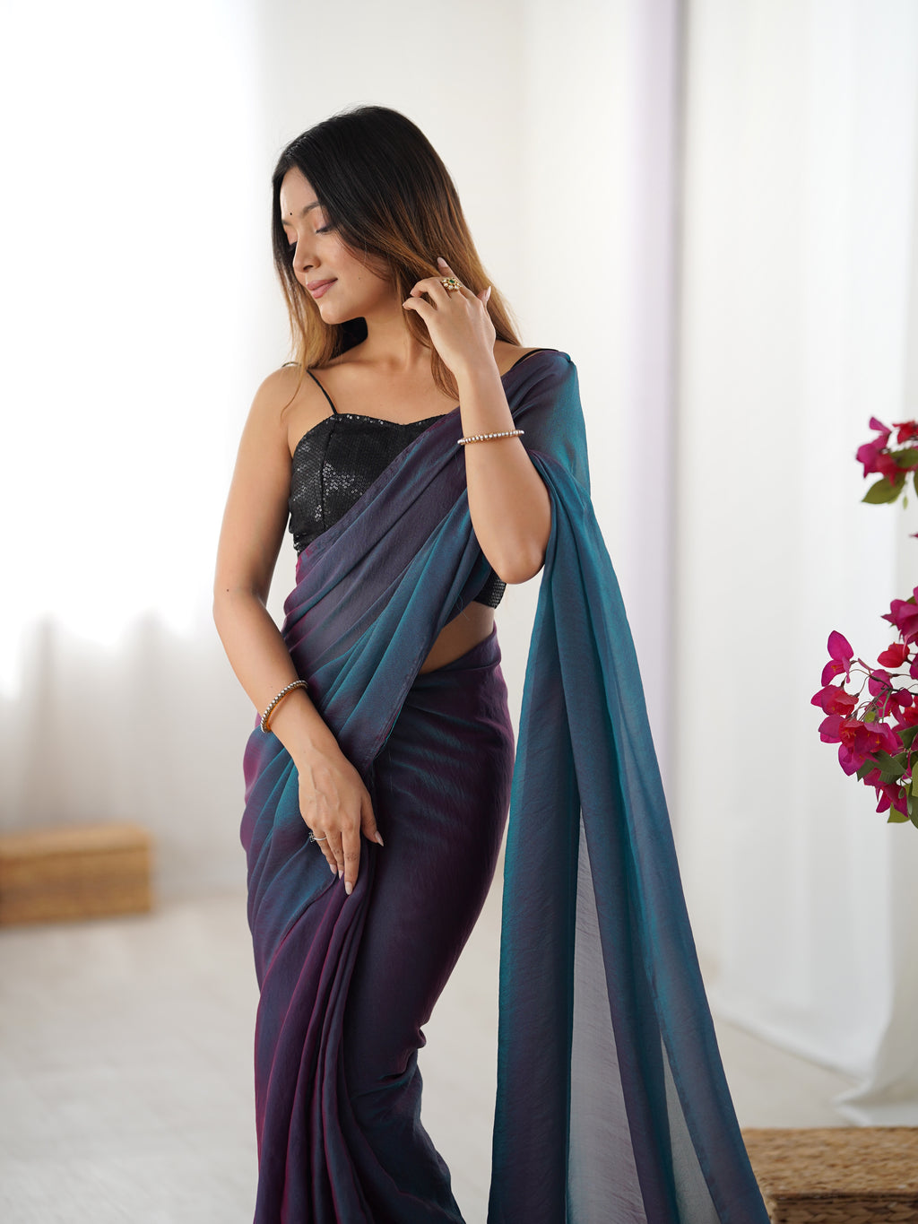 Rama Radiance Glassy Two Tone Party Wear Saree | Sequin Embroidered Georgette Blouse