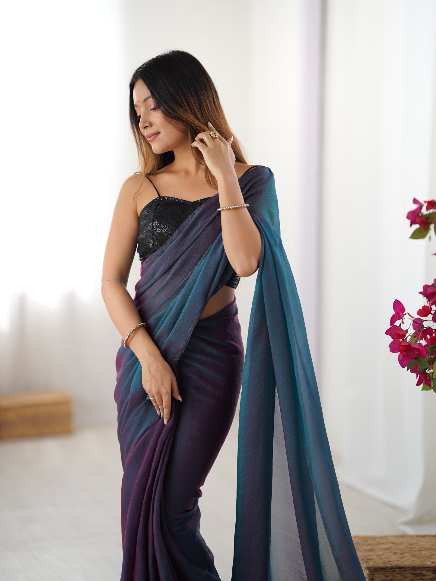 Rama Radiance Glassy Two Tone Party Wear Saree | Sequin Embroidered Georgette Blouse
