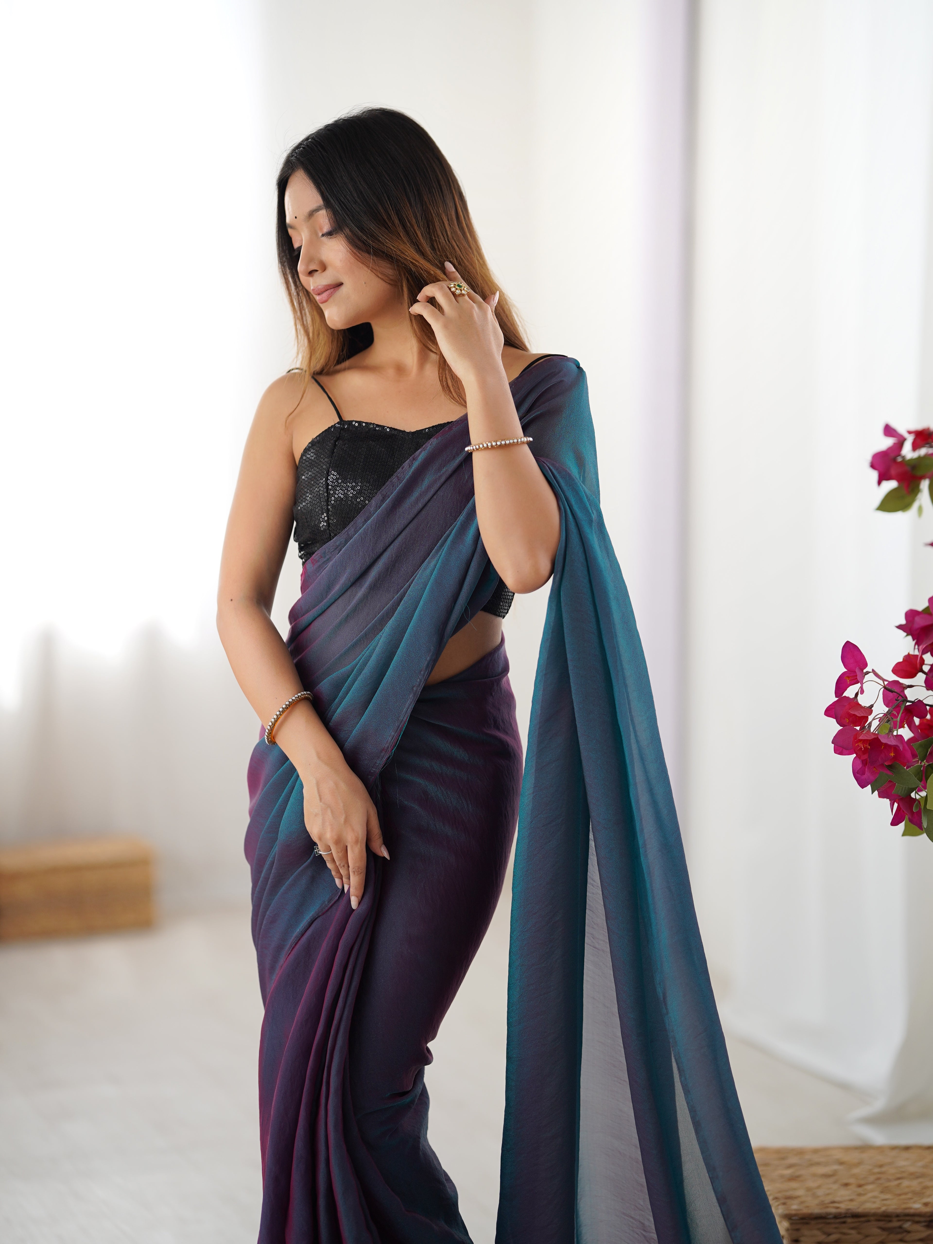 Rama Radiance Glassy Two Tone Party Wear Saree | Sequin Embroidered Georgette Blouse