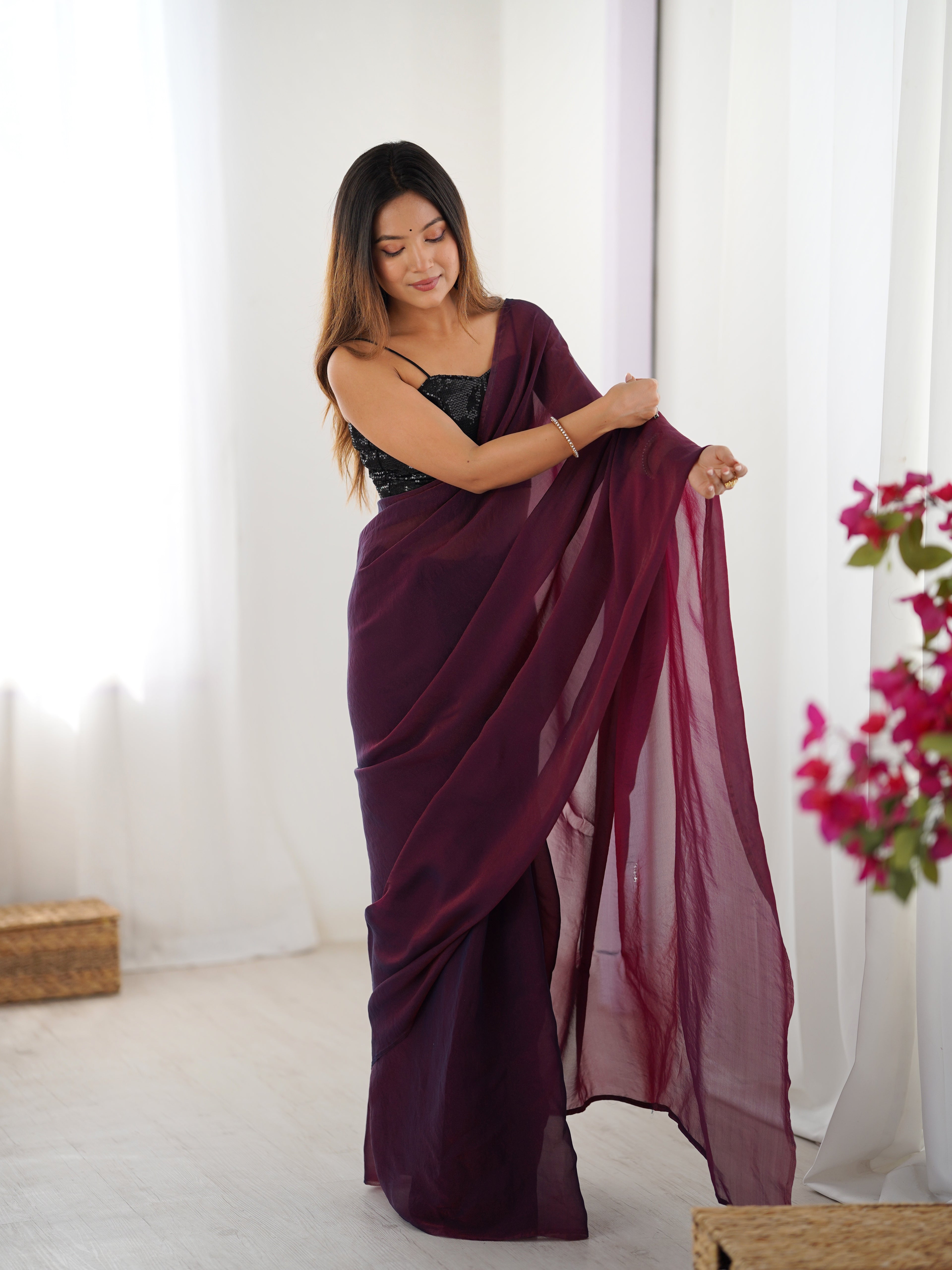 Wine Majesty Glassy Two Tone Party Wear Saree | Sequin Embroidered Georgette Blouse