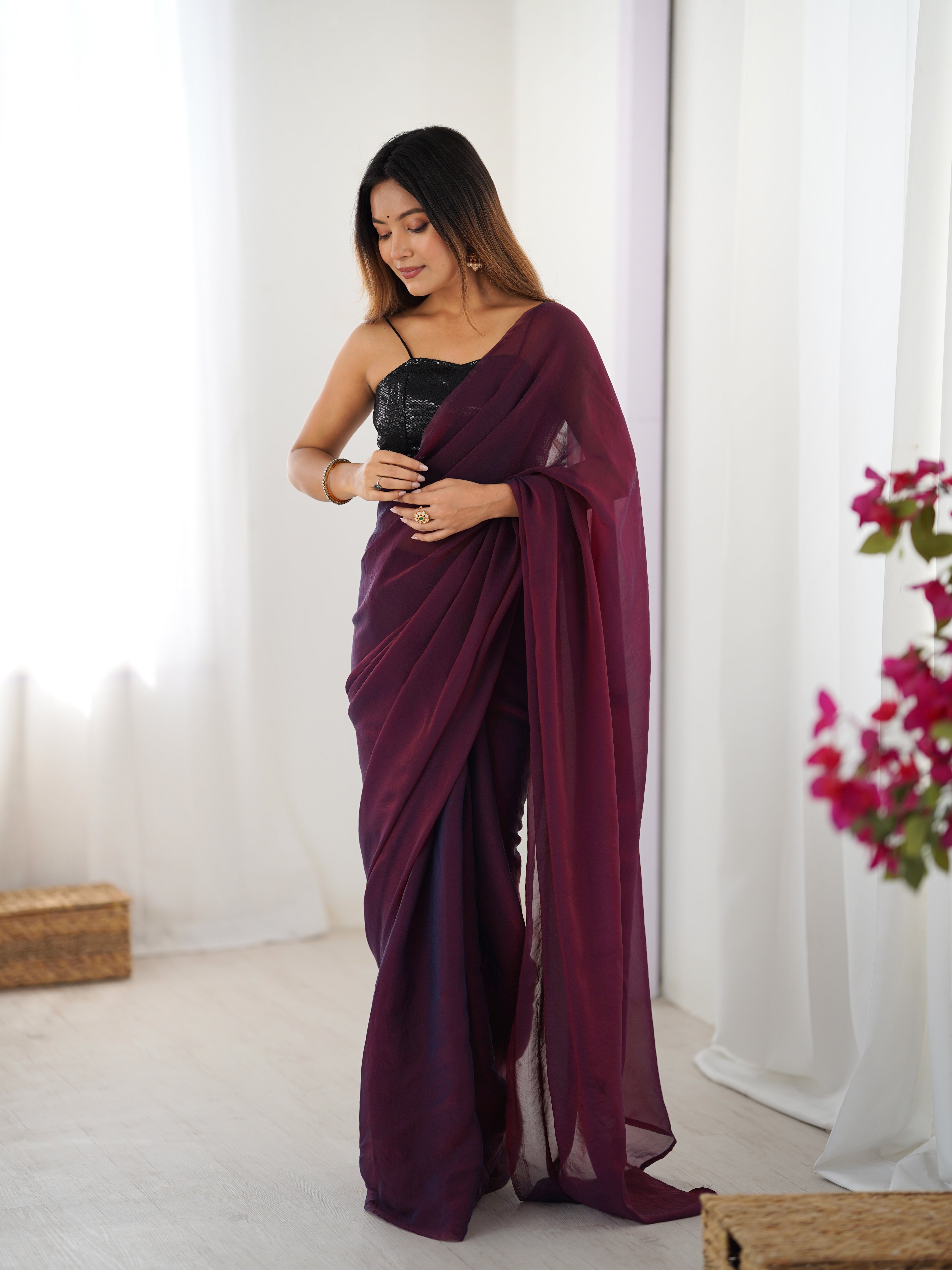 Wine Majesty Glassy Two Tone Party Wear Saree | Sequin Embroidered Georgette Blouse