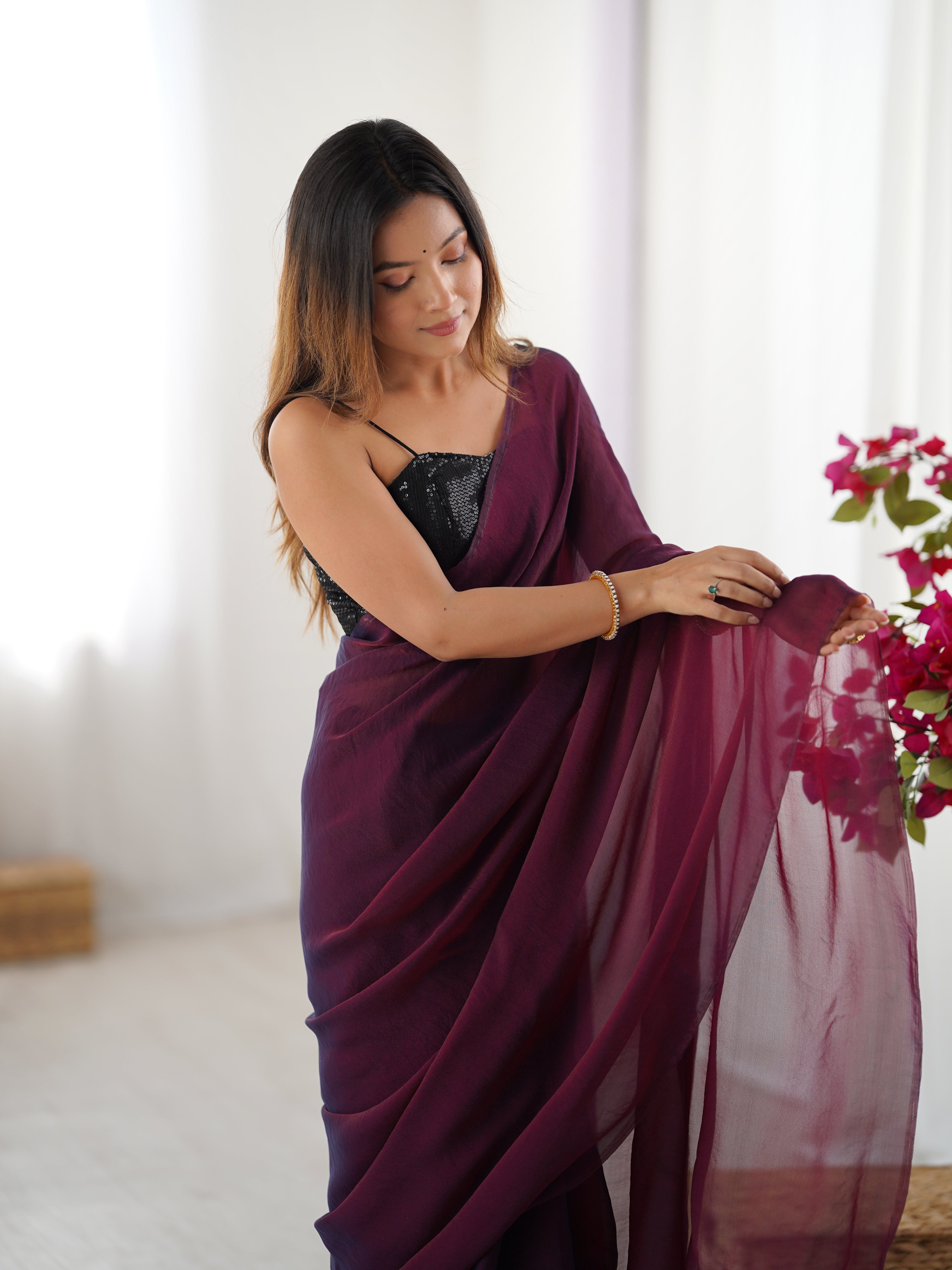 Wine Majesty Glassy Two Tone Party Wear Saree | Sequin Embroidered Georgette Blouse