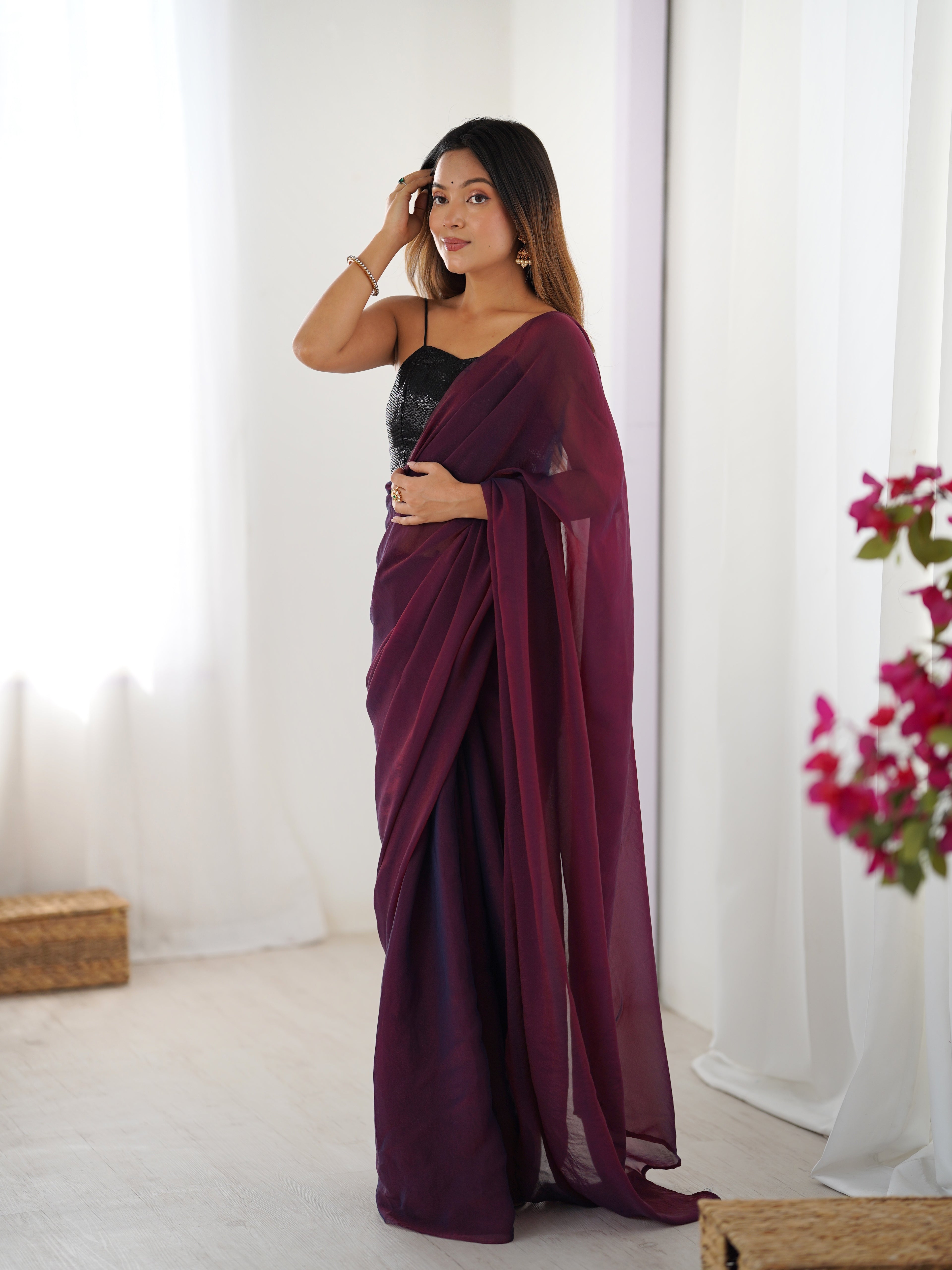 Wine Majesty Glassy Two Tone Party Wear Saree | Sequin Embroidered Georgette Blouse