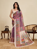 Royal Purple Linen Saree with Off White Blouse | Woven Border & Digital Printed Party Wear