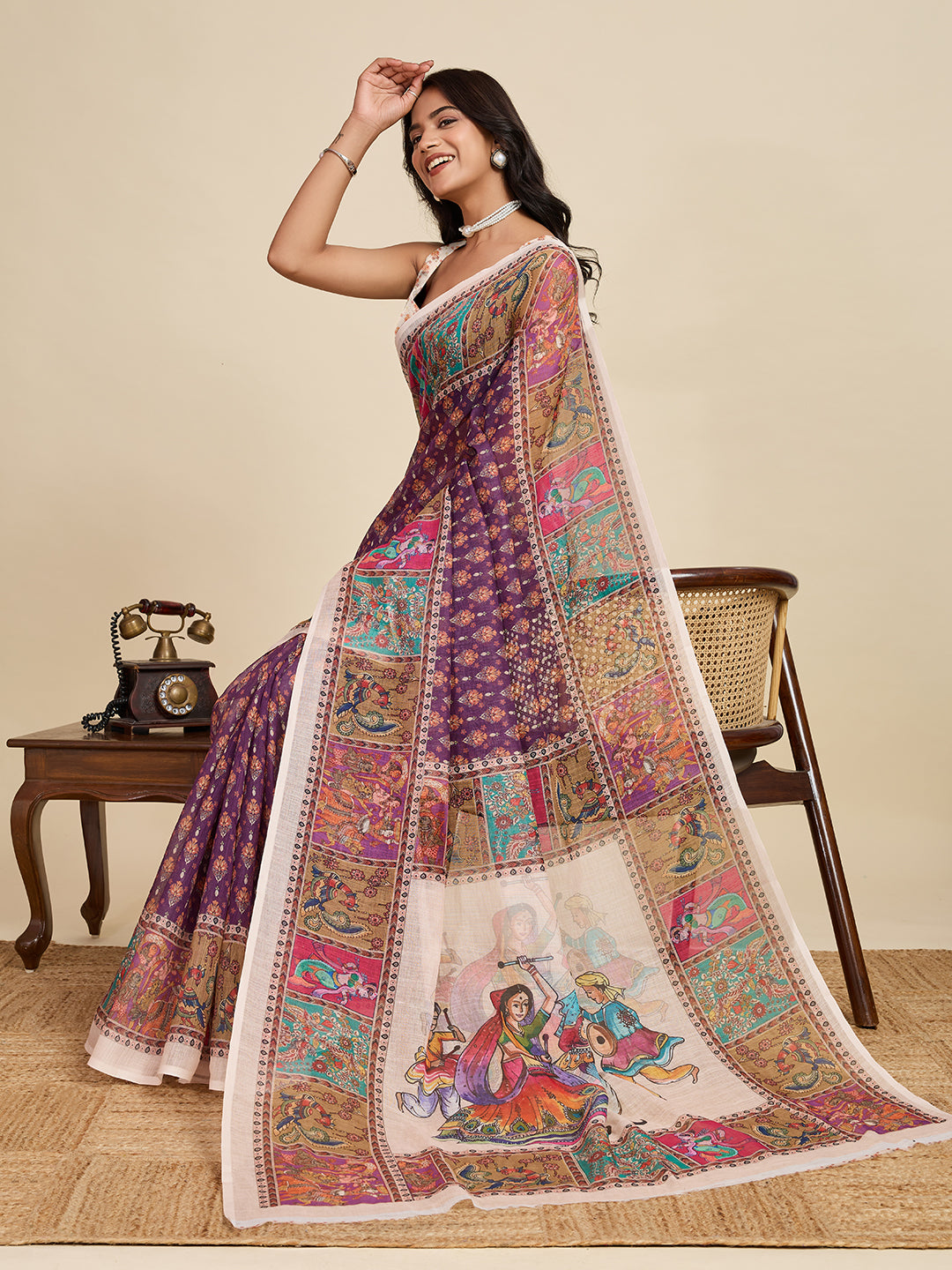 Royal Purple Linen Saree with Off White Blouse | Woven Border & Digital Printed Party Wear