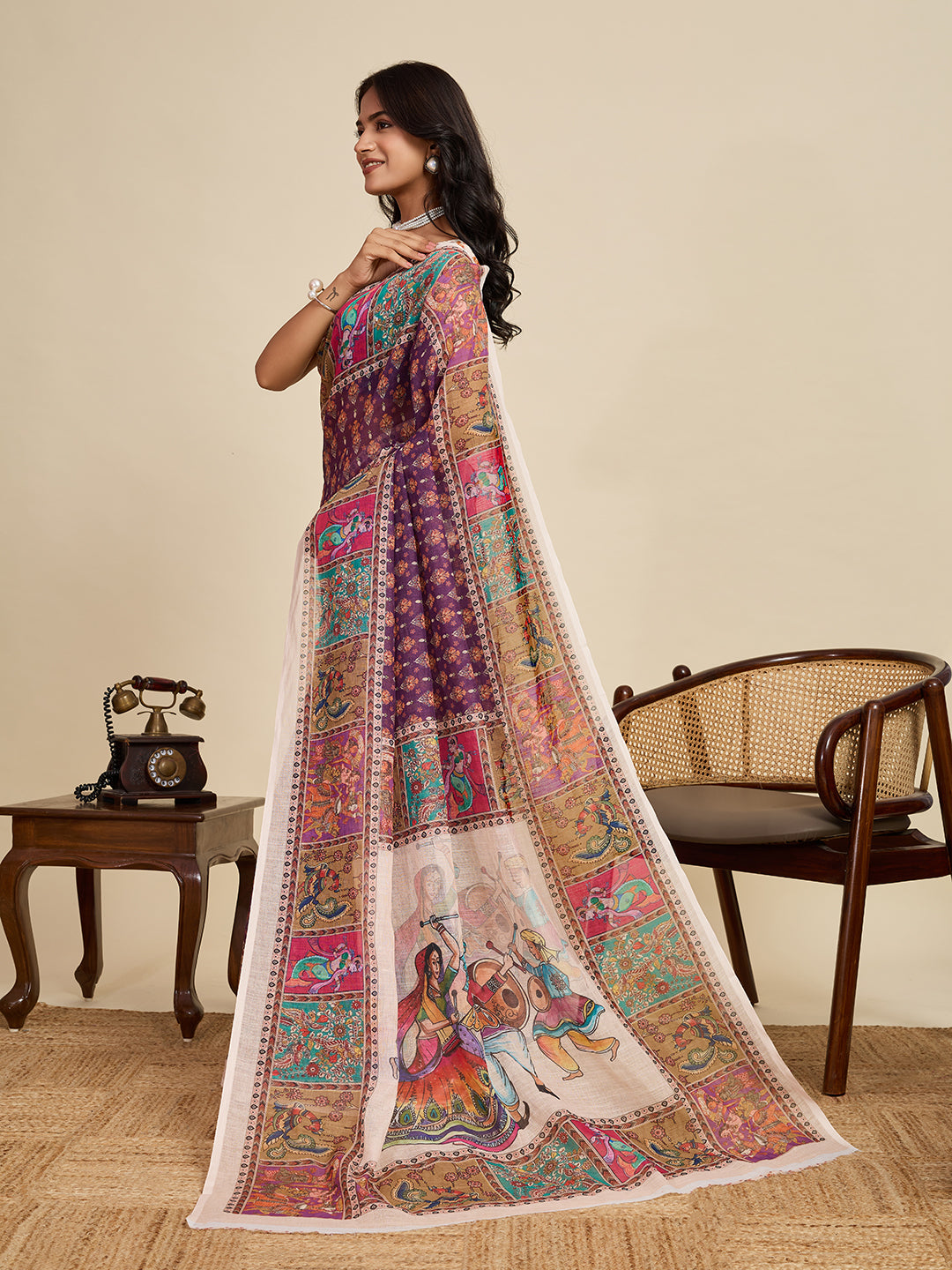 Royal Purple Linen Saree with Off White Blouse | Woven Border & Digital Printed Party Wear