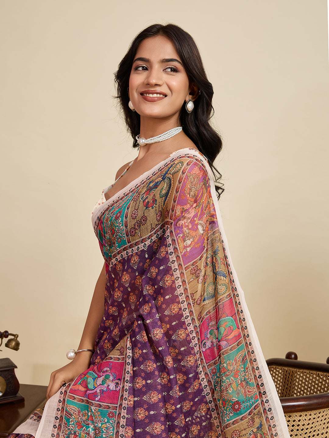 Royal Purple Linen Party Wear Saree | Woven Border & Digital Print Design