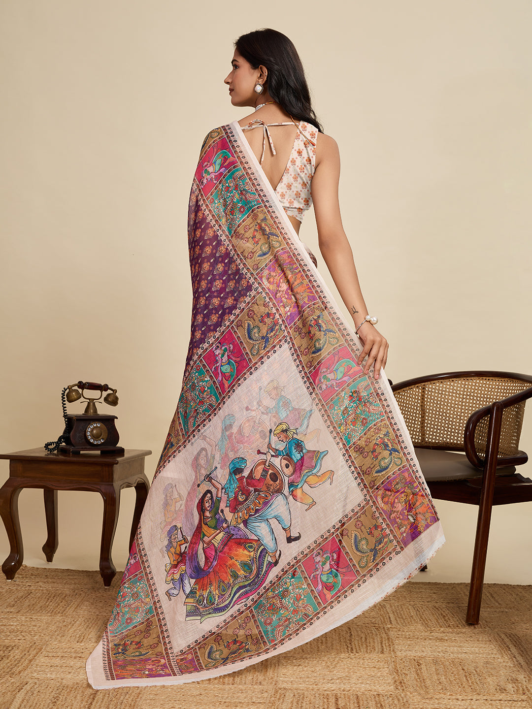 Royal Purple Linen Saree with Off White Blouse | Woven Border & Digital Printed Party Wear