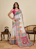 Elegant Off White Linen Saree | Woven Border & Pink Blouse Combo