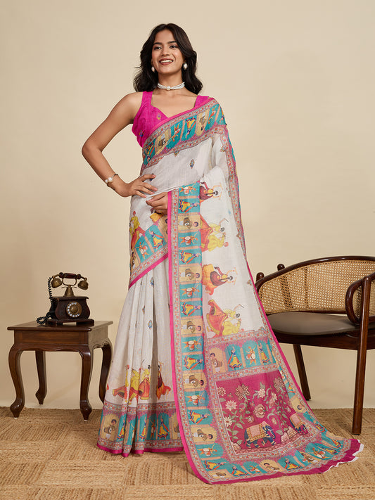 Elegant Off White Linen Saree | Woven Border & Pink Blouse Combo