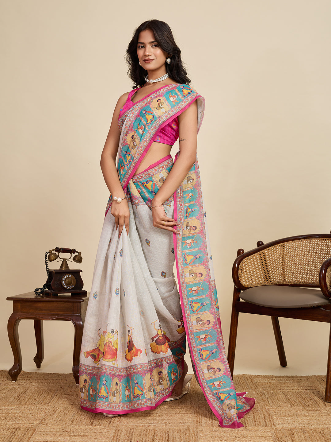 Elegant Off White Linen Saree | Woven Border & Pink Blouse Combo