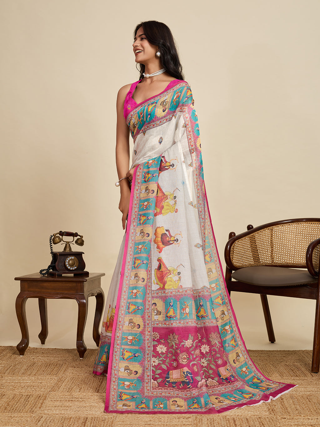 Elegant Off White Linen Saree | Woven Border & Pink Blouse Combo