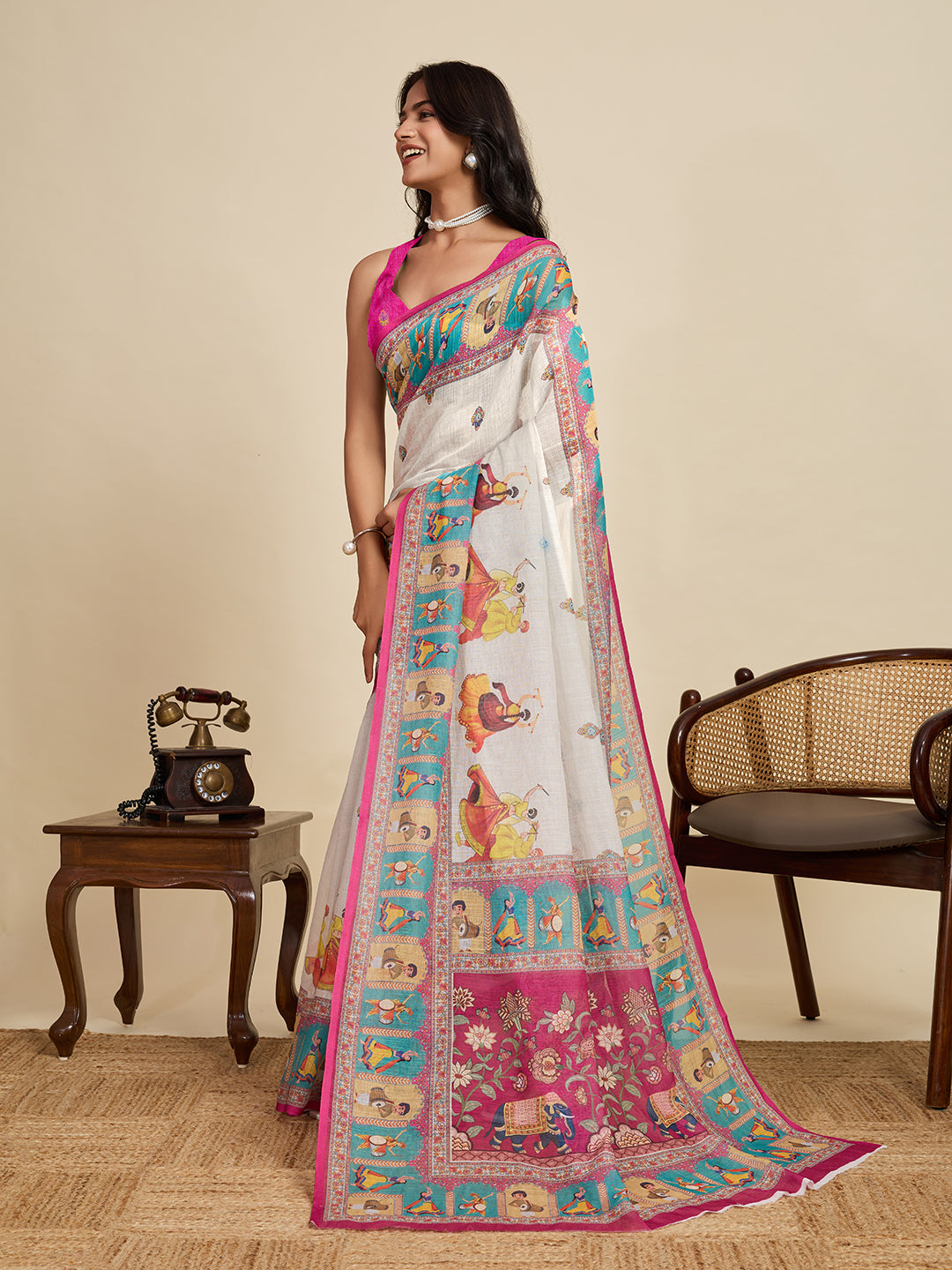 Elegant Off White Linen Saree | Woven Border & Pink Blouse Combo