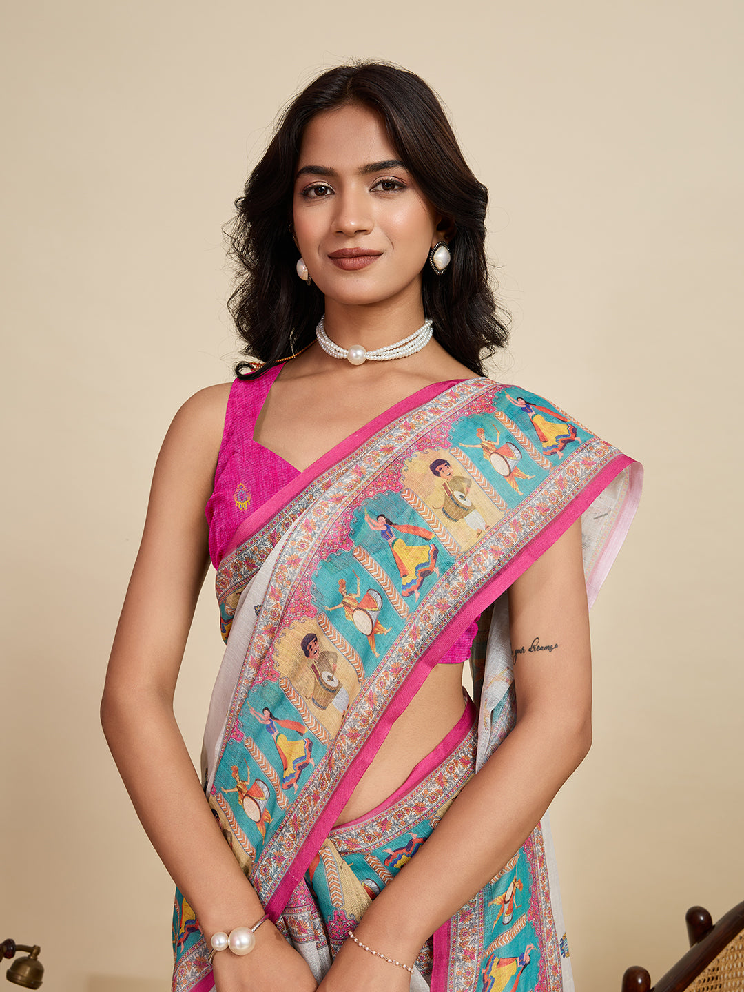 Elegant Off White Linen Saree | Woven Border & Pink Blouse Combo