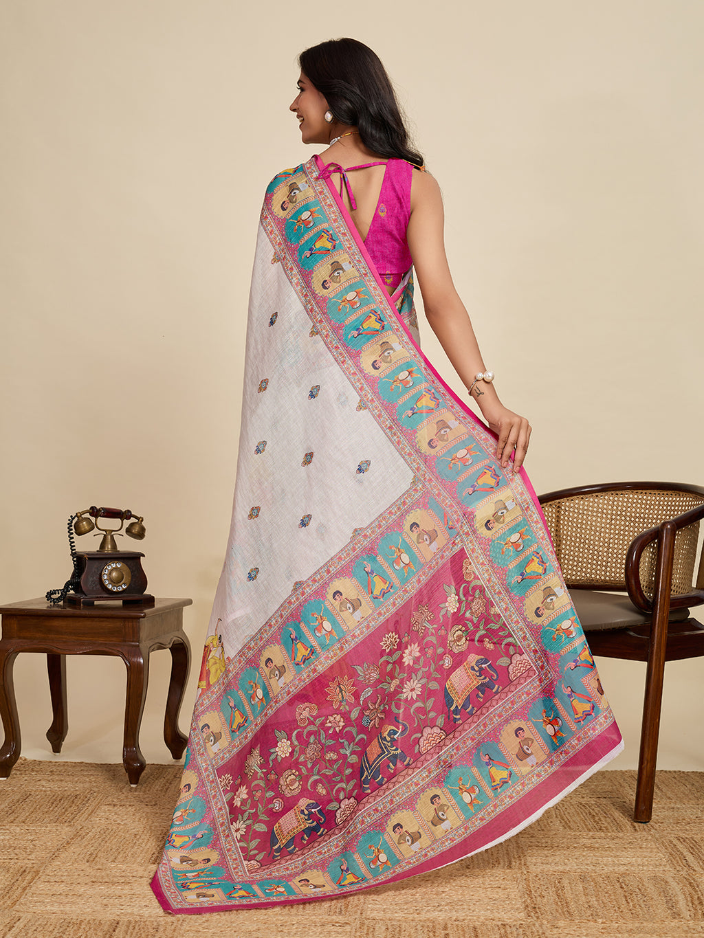 Elegant Off White Linen Saree | Woven Border & Pink Blouse Combo