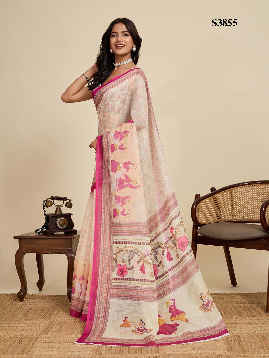 Classic Cream Linen Saree | Woven Border & Digital Printed Party Wear Couture