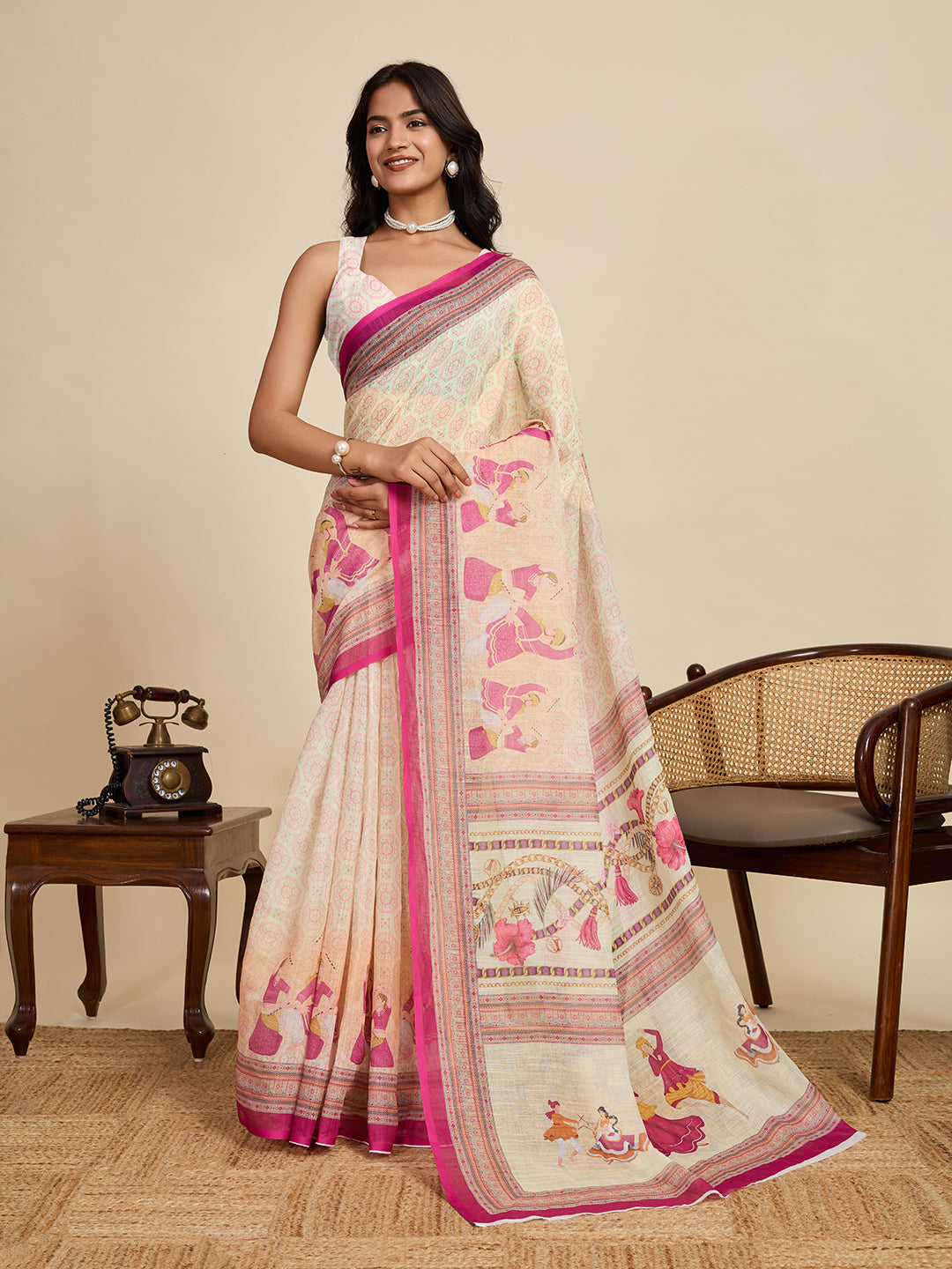 Classic Cream Linen Saree | Woven Border & Digital Printed Party Wear Couture