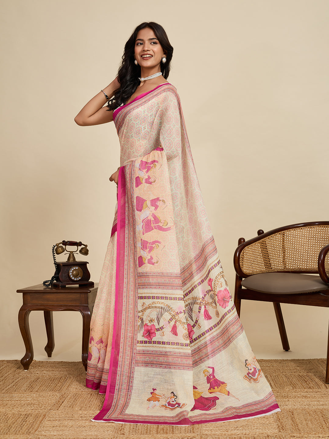 Classic Cream Linen Saree | Woven Border & Digital Printed Party Wear Couture