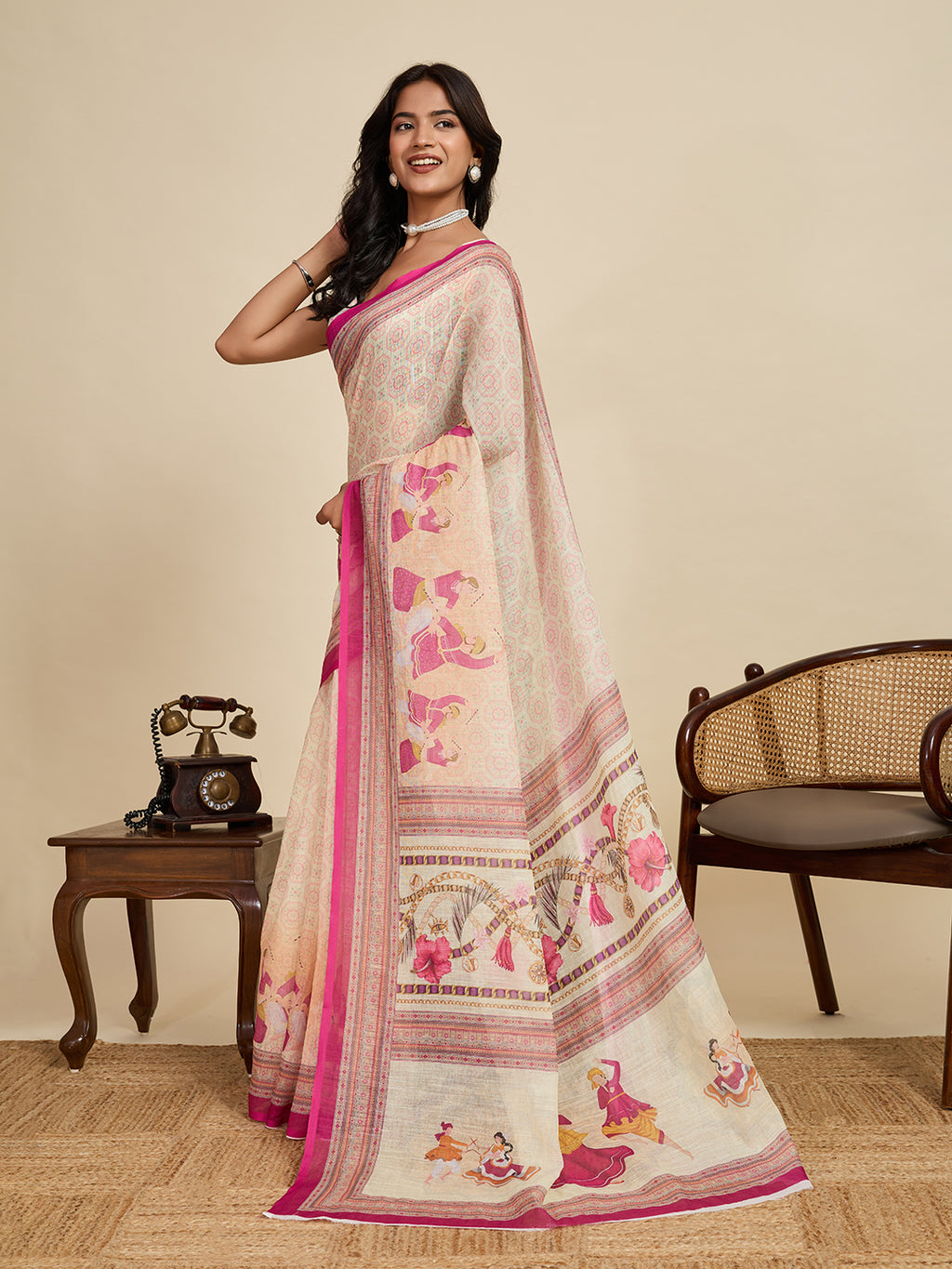 Timeless Cream Linen Saree | Woven Border & Digital Print Elegance