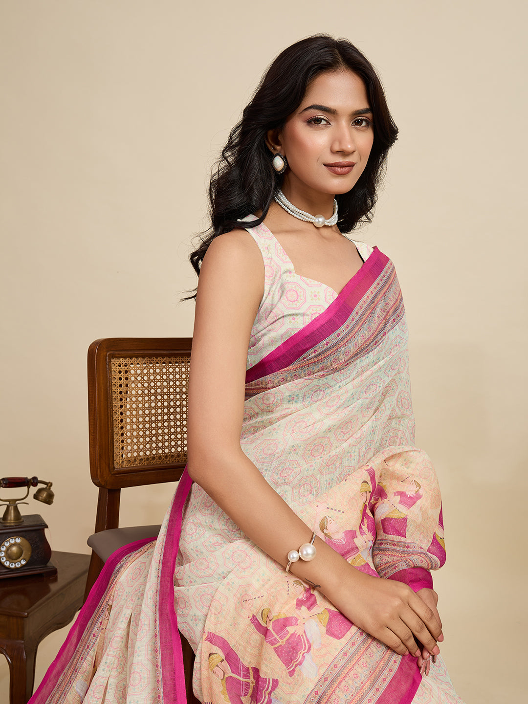 Timeless Cream Linen Saree | Digital Print with Woven Jari Border