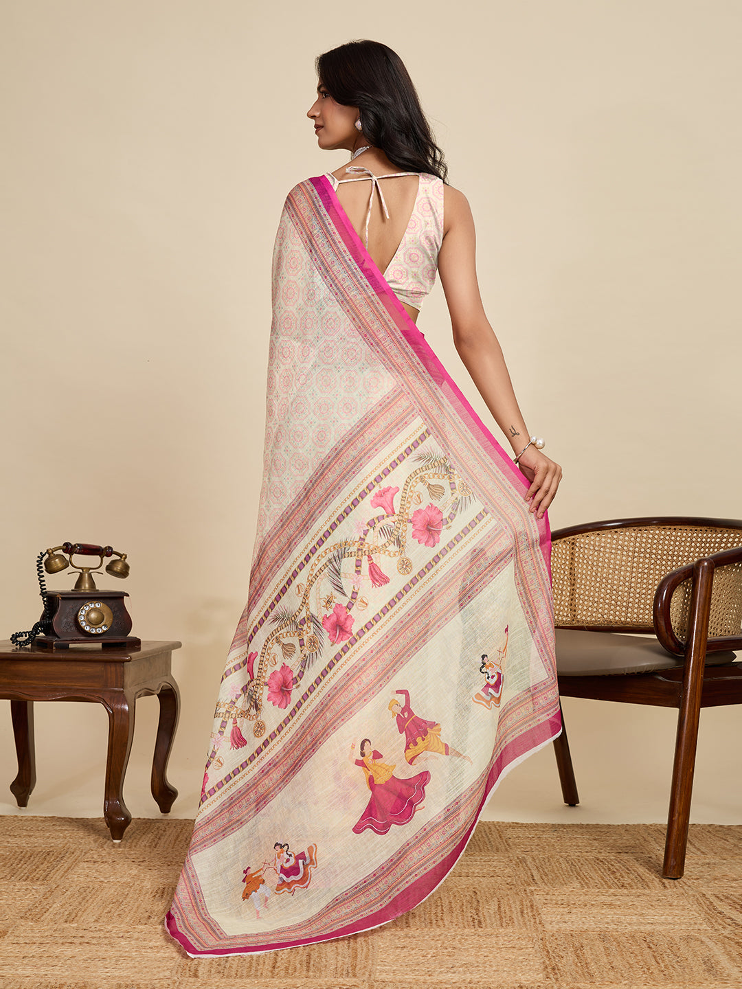 Classic Cream Linen Saree | Woven Border & Digital Printed Party Wear Couture