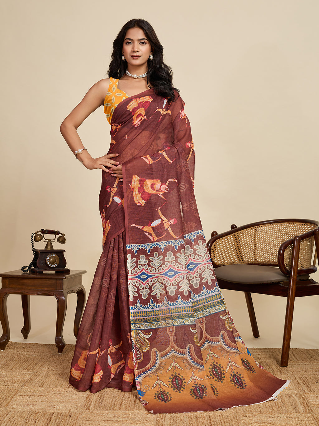 Earthy Brown Linen Saree | Mustard Blouse & Woven Border Design