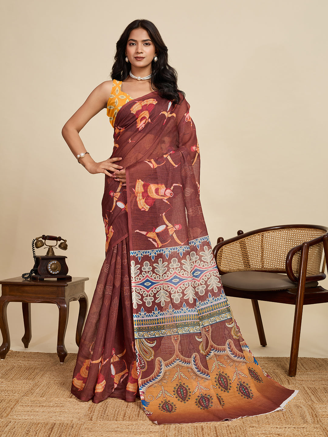 Earthy Brown Linen Saree | Mustard Blouse & Woven Border Design