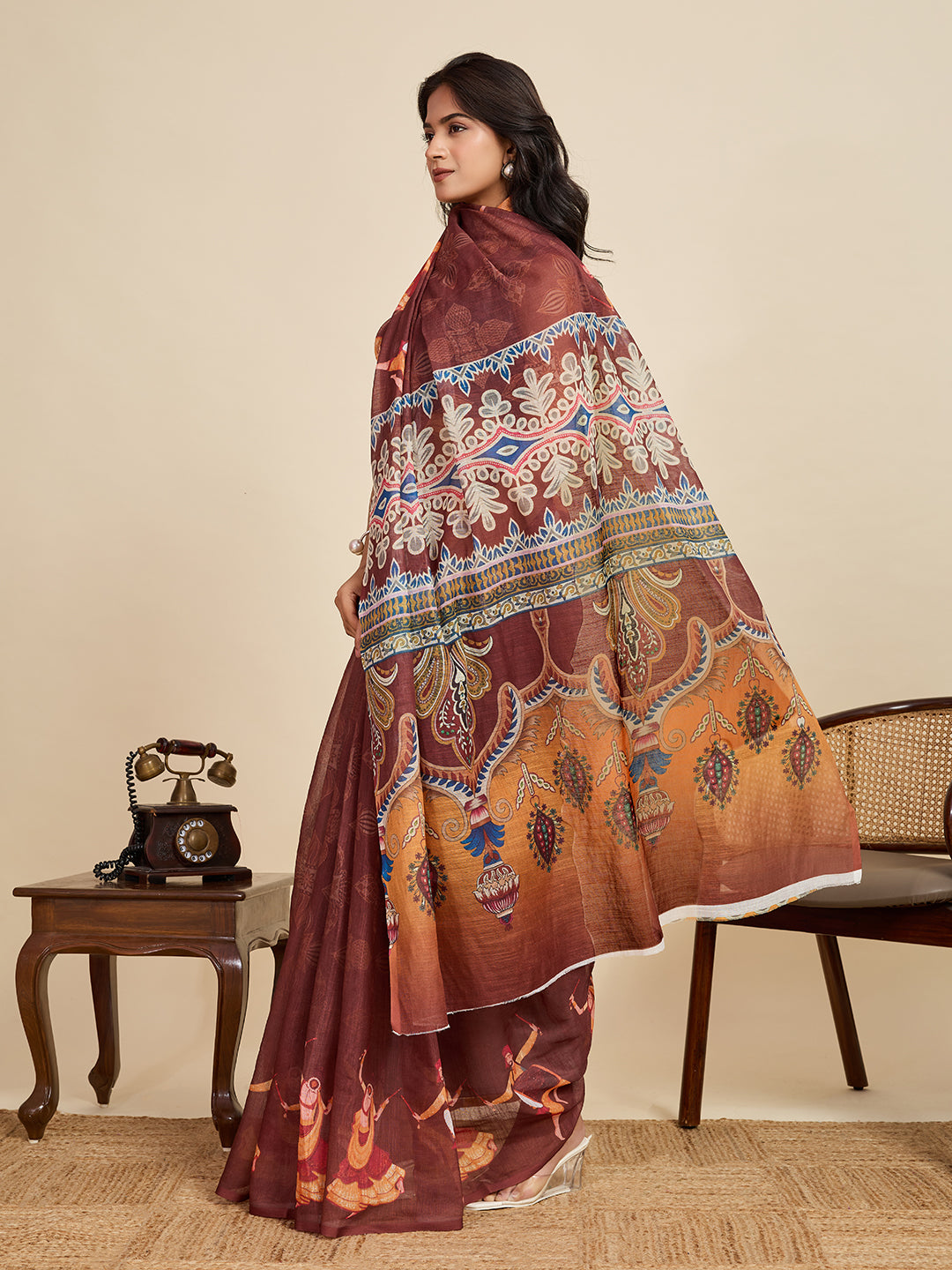 Earthy Brown Linen Saree | Digital Print with Woven Jari Borde