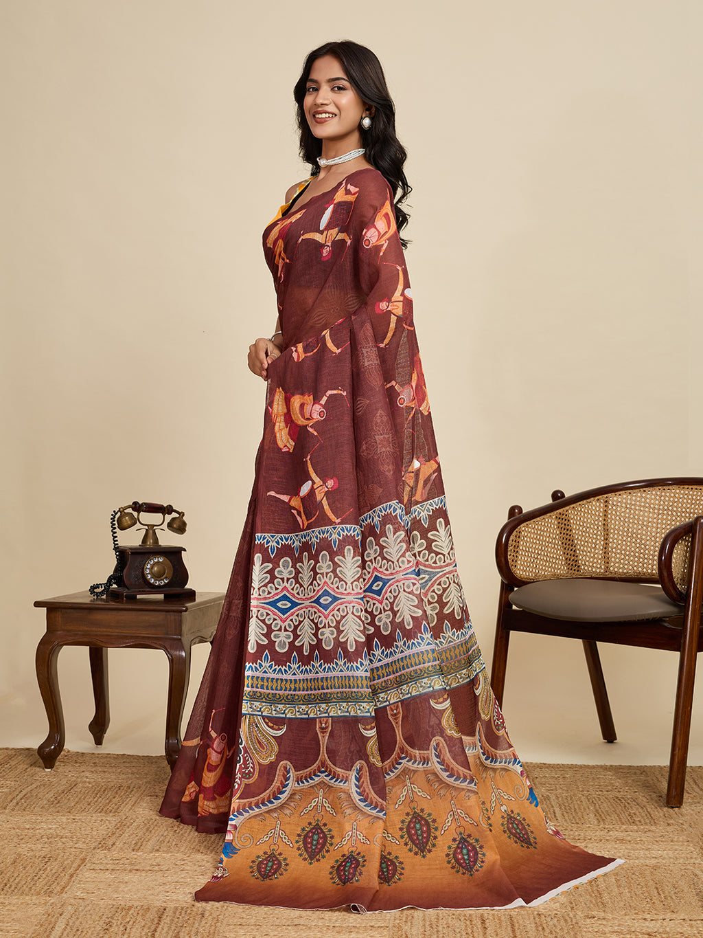 Earthy Brown Linen Saree with Mustard Blouse | Woven Border & Digital Printed Party Wear
