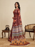 Earthy Brown Linen Saree with Mustard Blouse | Woven Border & Digital Printed Party Wear