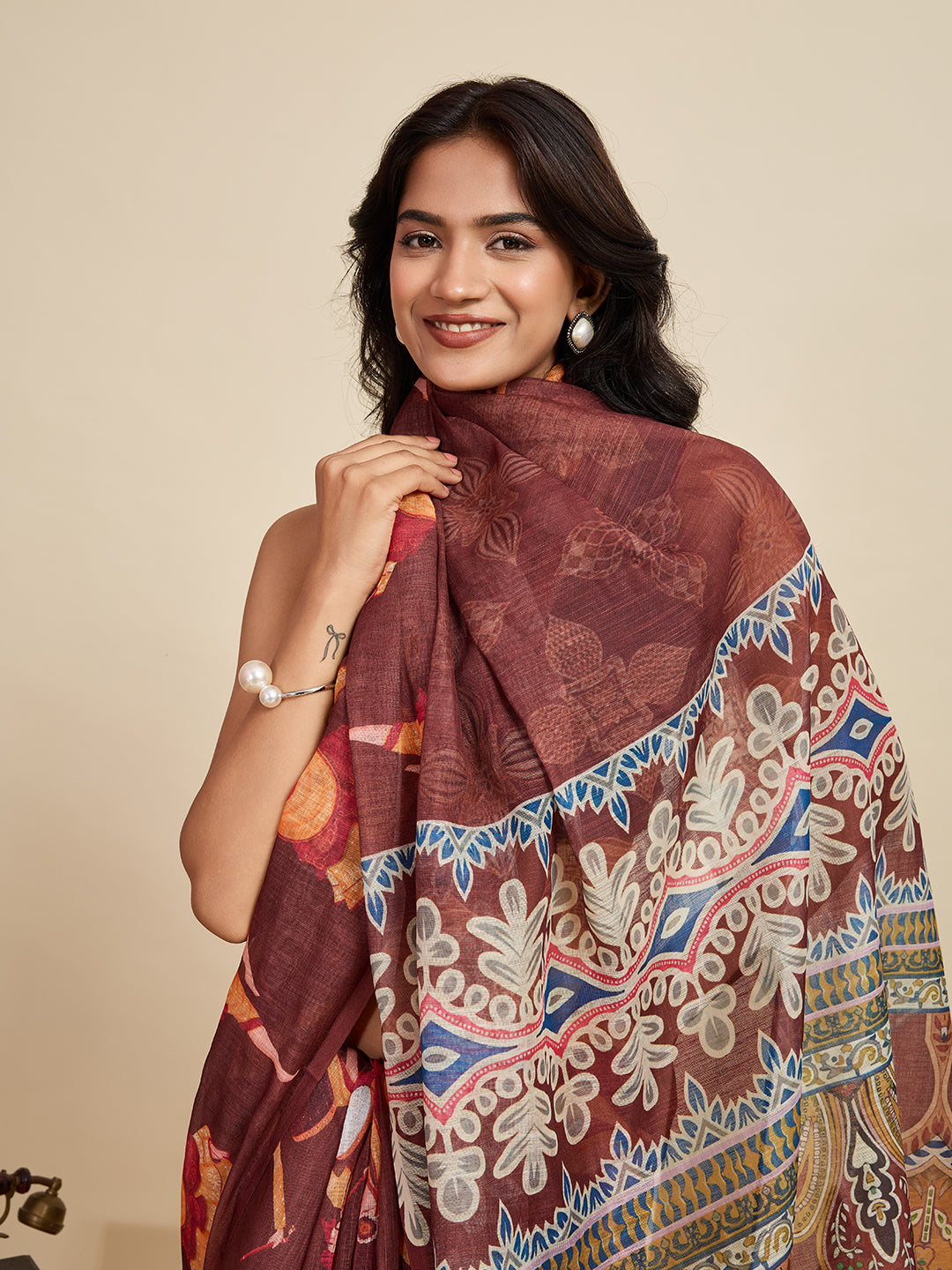 Earthy Brown Linen Saree with Mustard Blouse | Woven Border & Digital Printed Party Wear