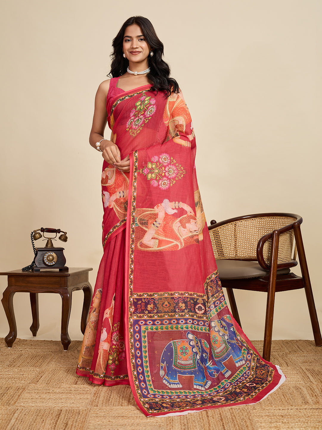 Regal Maroon Linen Saree | Digital Print with Woven Jari Border