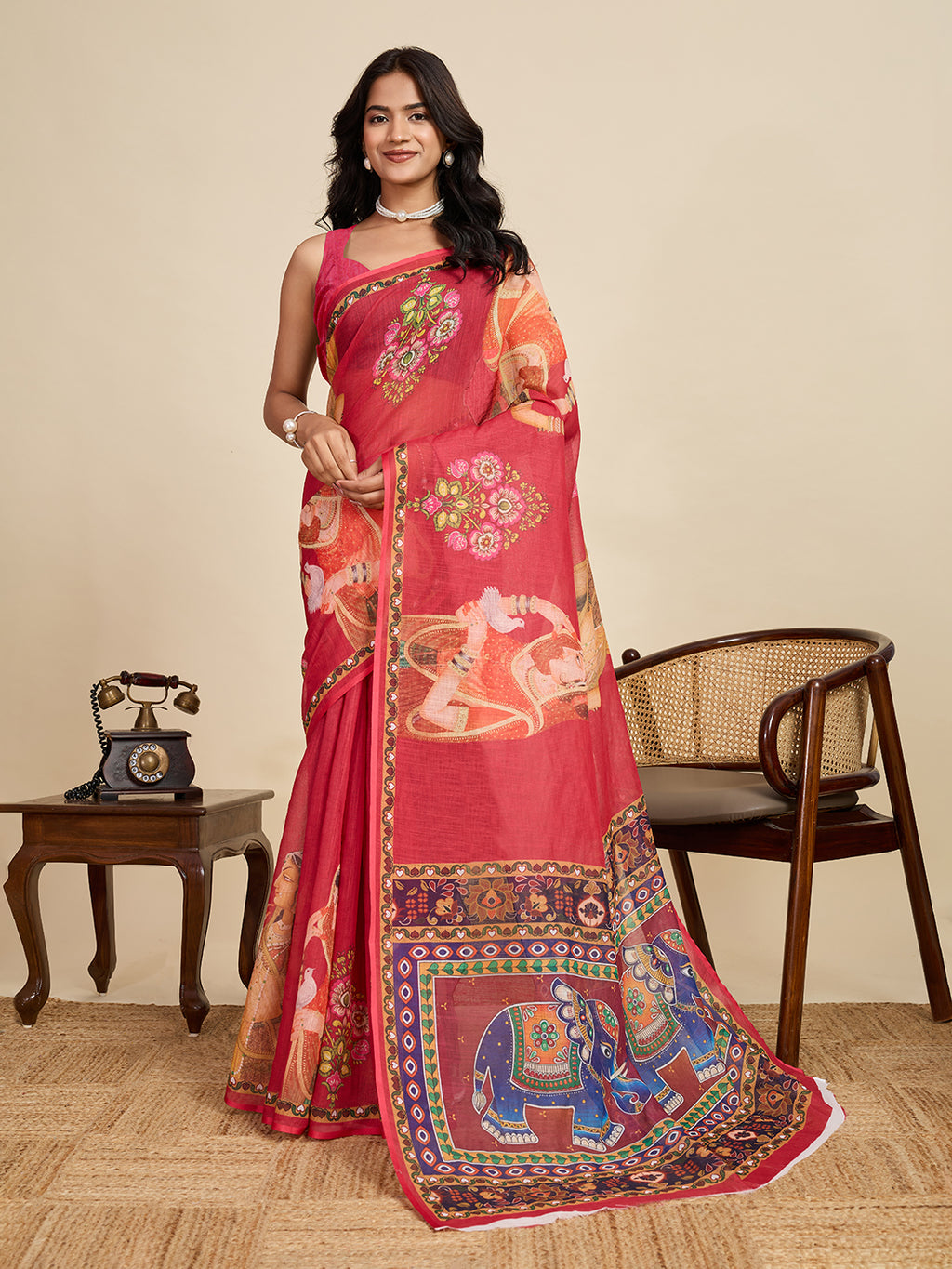 Regal Maroon Linen Saree | Woven Border & Digital Print Splendor