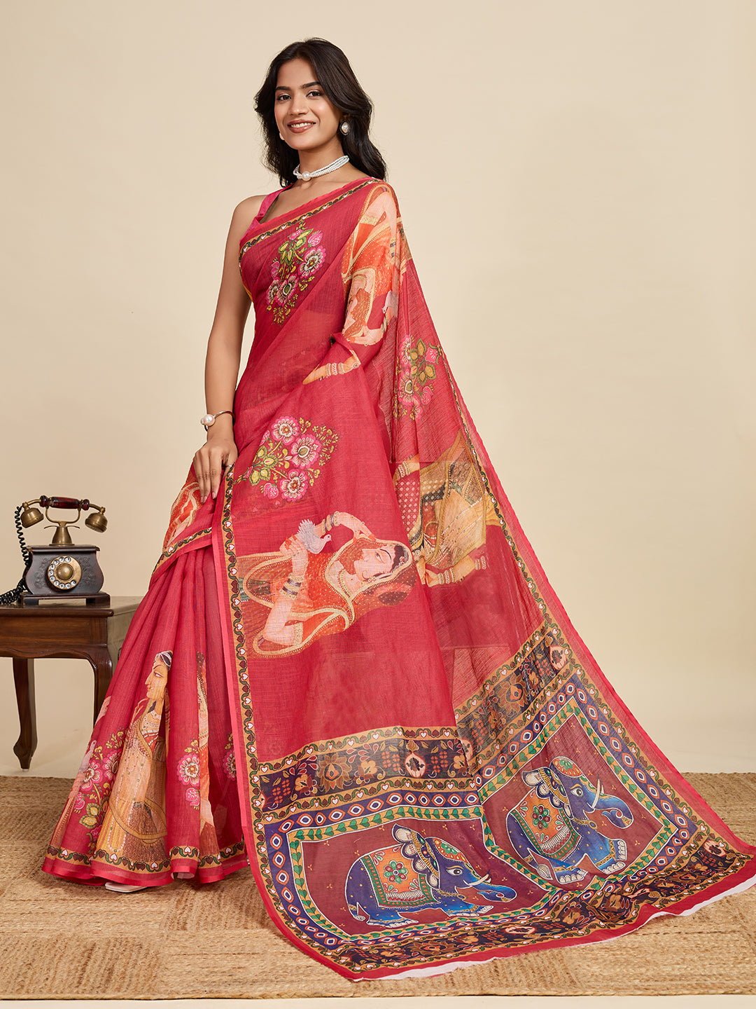 Regal Maroon Linen Saree | Digital Print with Woven Jari Border
