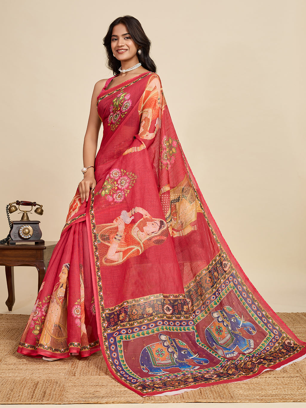 Regal Maroon Linen Saree | Woven Border & Digital Print Splendor
