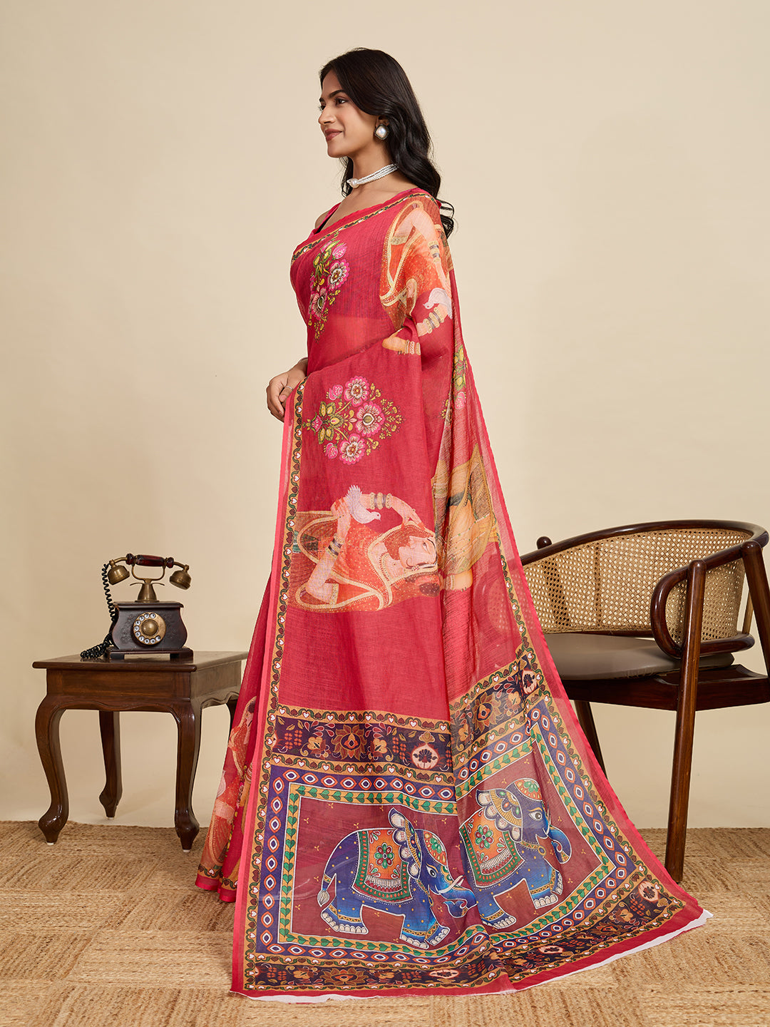 Regal Maroon Linen Saree | Woven Border & Digital Print Splendor